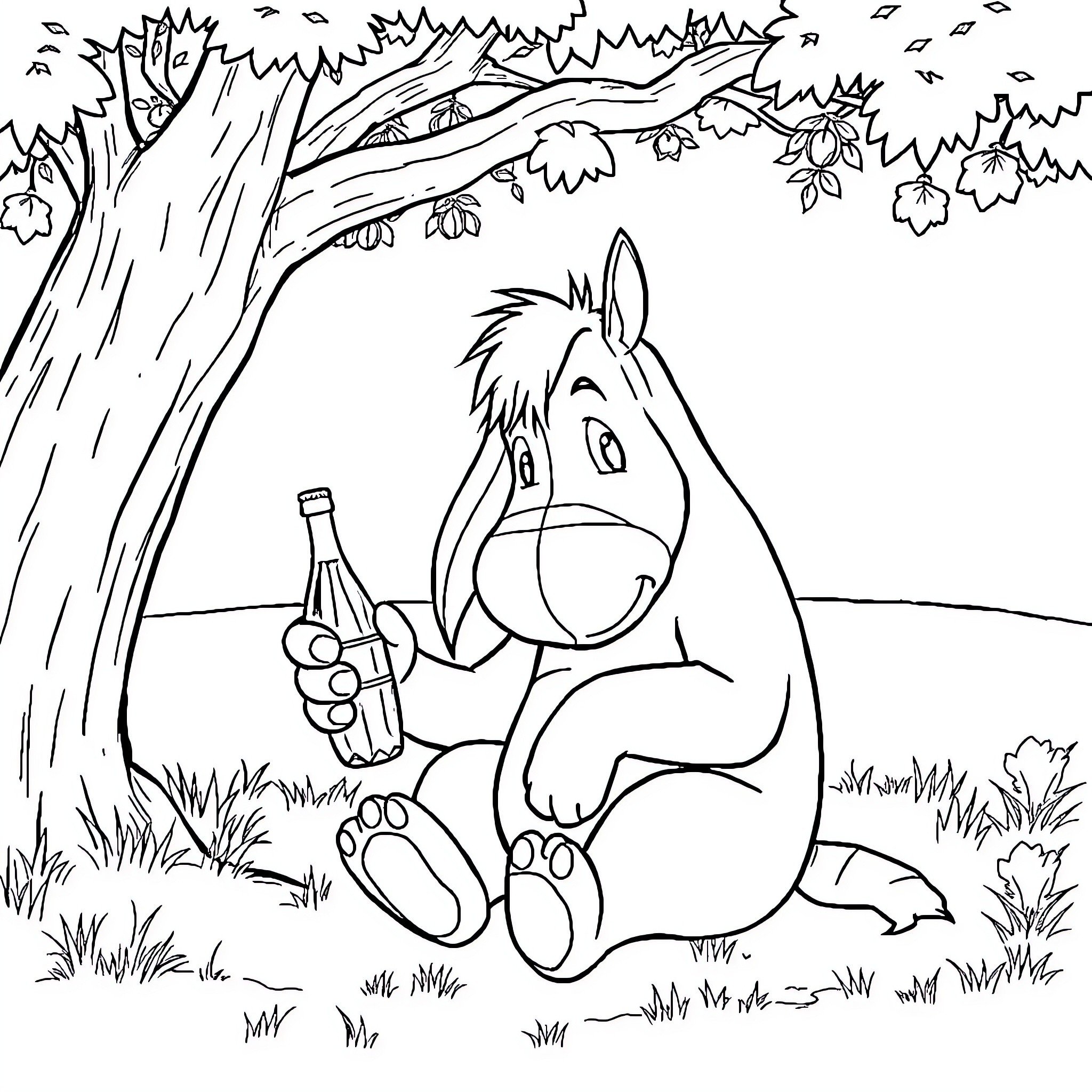Eeyore enjoying a refreshing beverage in the forest Coloring Page (free black-and-white line drawing printable PDF for all, from beginners to advanced learners, including children, teens, adults, and seniors)