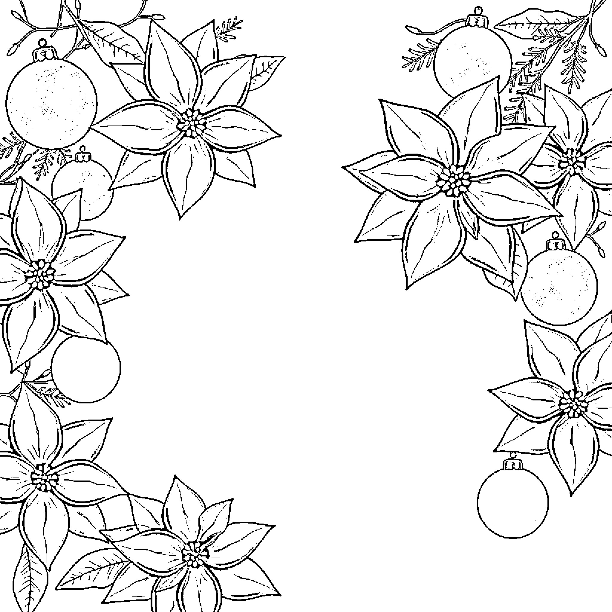Poinsettia flowers and Christmas ornaments Coloring Page (free black-and-white line drawing printable PDF for all, from beginners to advanced learners, including children, teens, adults, and seniors)