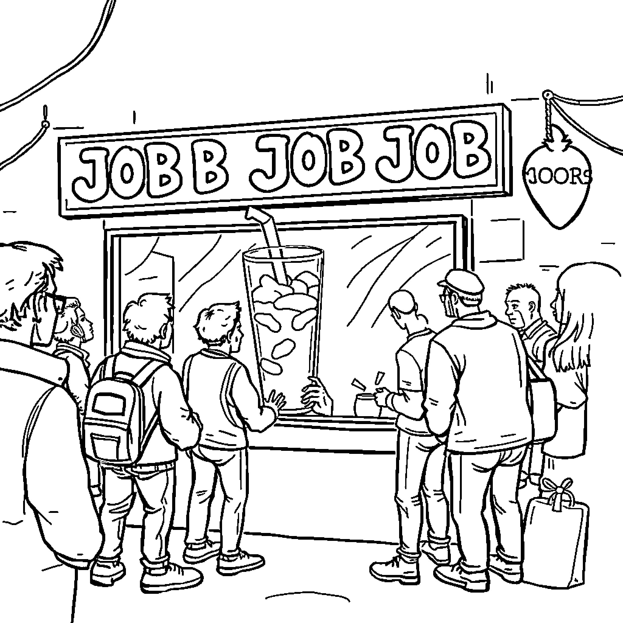 Job Seeking Crowd at Storefront Coloring Page (free black-and-white line drawing printable PDF for all, from beginners to advanced learners, including children, teens, adults, and seniors)
