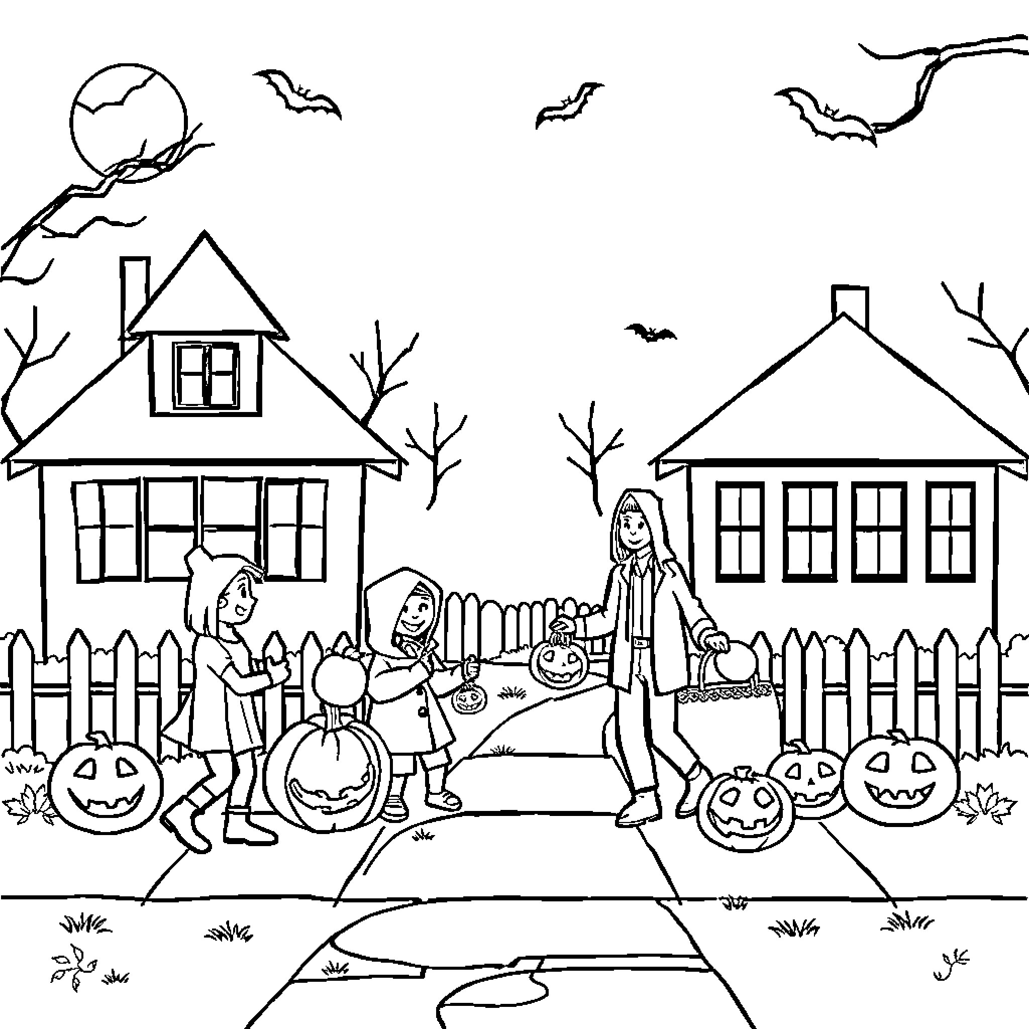 Halloween trick-or-treating in the neighborhood Coloring Page (free black-and-white line drawing printable PDF for all, from beginners to advanced learners, including children, teens, adults, and seniors)