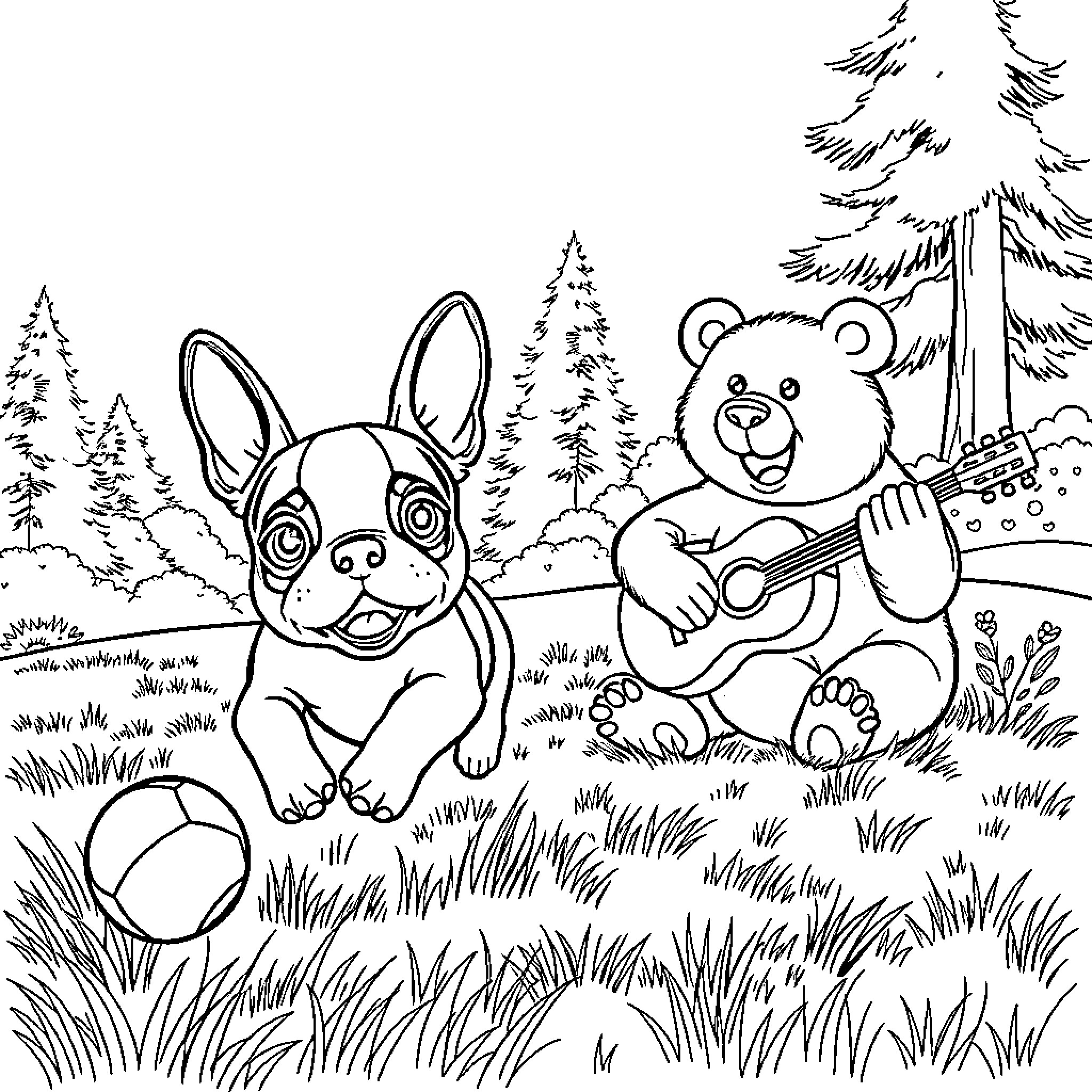 Boston Terrier and Bear Enjoying Outdoor Activities Coloring Page (free black-and-white line drawing printable PDF for all, from beginners to advanced learners, including children, teens, adults, and seniors)
