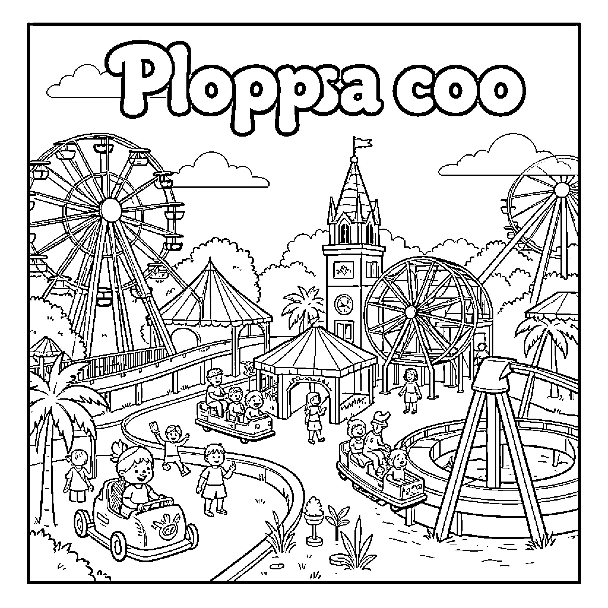 Ploppsa Coo featuring children enjoying an amusement park Coloring Page (free black-and-white line drawing printable PDF for all, from beginners to advanced learners, including children, teens, adults, and seniors)