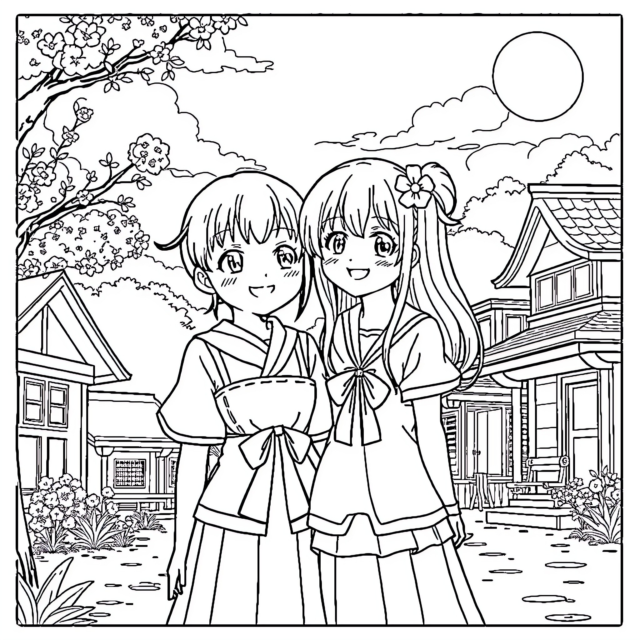 Hinata and friend share a happy moment in a scenic village Coloring Page (free black-and-white line drawing printable PDF for all, from beginners to advanced learners, including children, teens, adults, and seniors)
