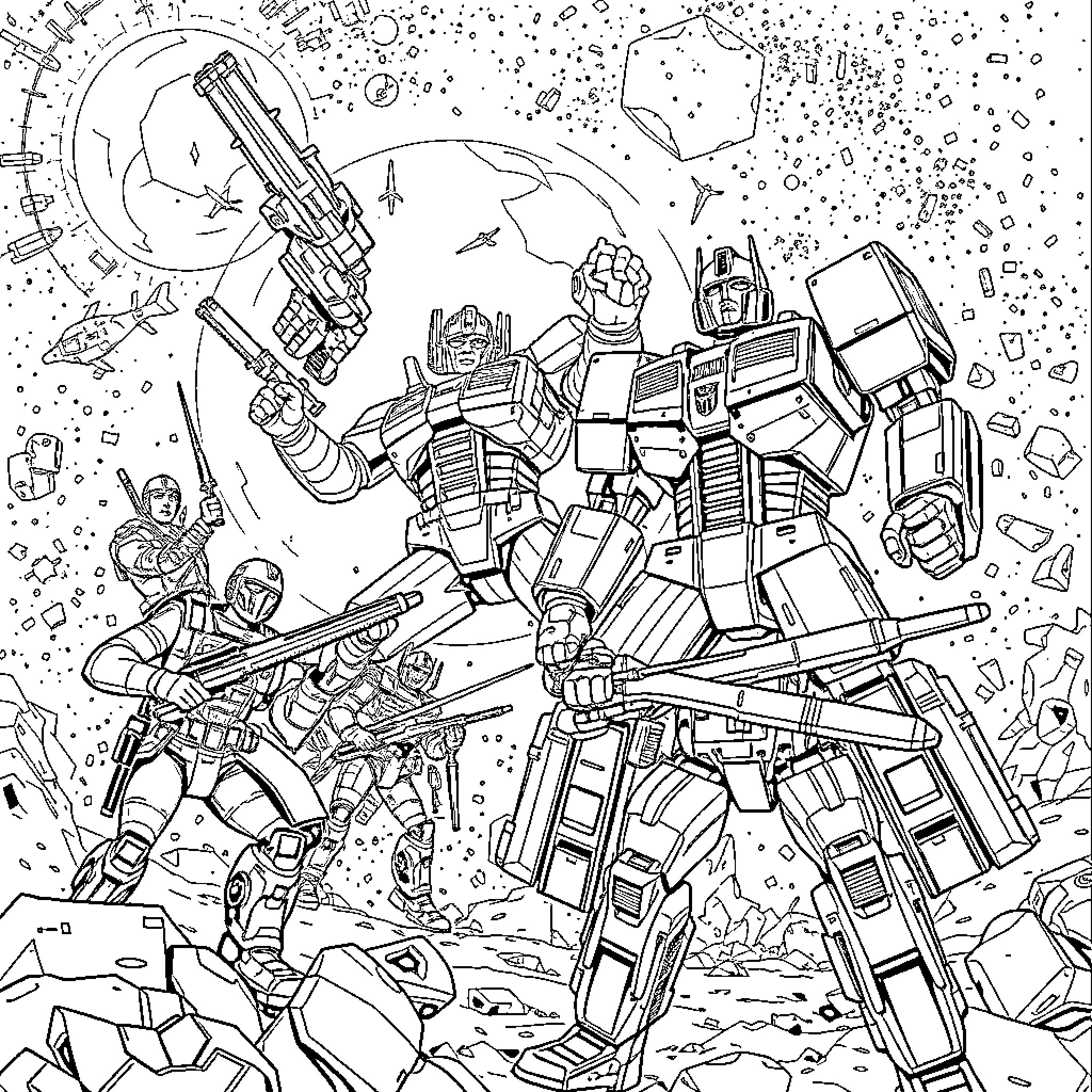 G.I. Joe Heroic Battle in Cosmic Chaos Coloring Page (free black-and-white line drawing printable PDF for all, from beginners to advanced learners, including children, teens, adults, and seniors)