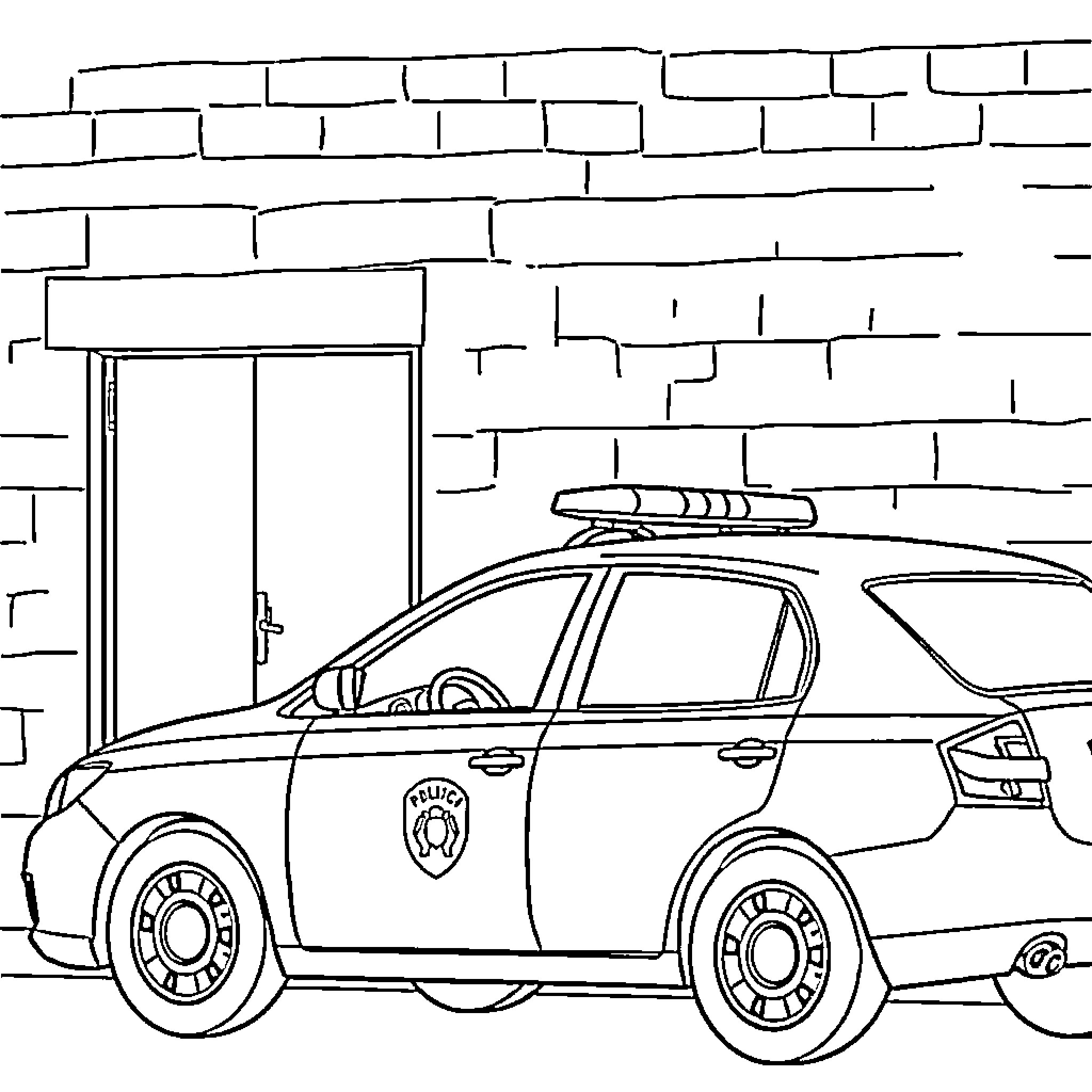 Police vehicle parked near building entrance Coloring Page (free black-and-white line drawing printable PDF for all, from beginners to advanced learners, including children, teens, adults, and seniors)
