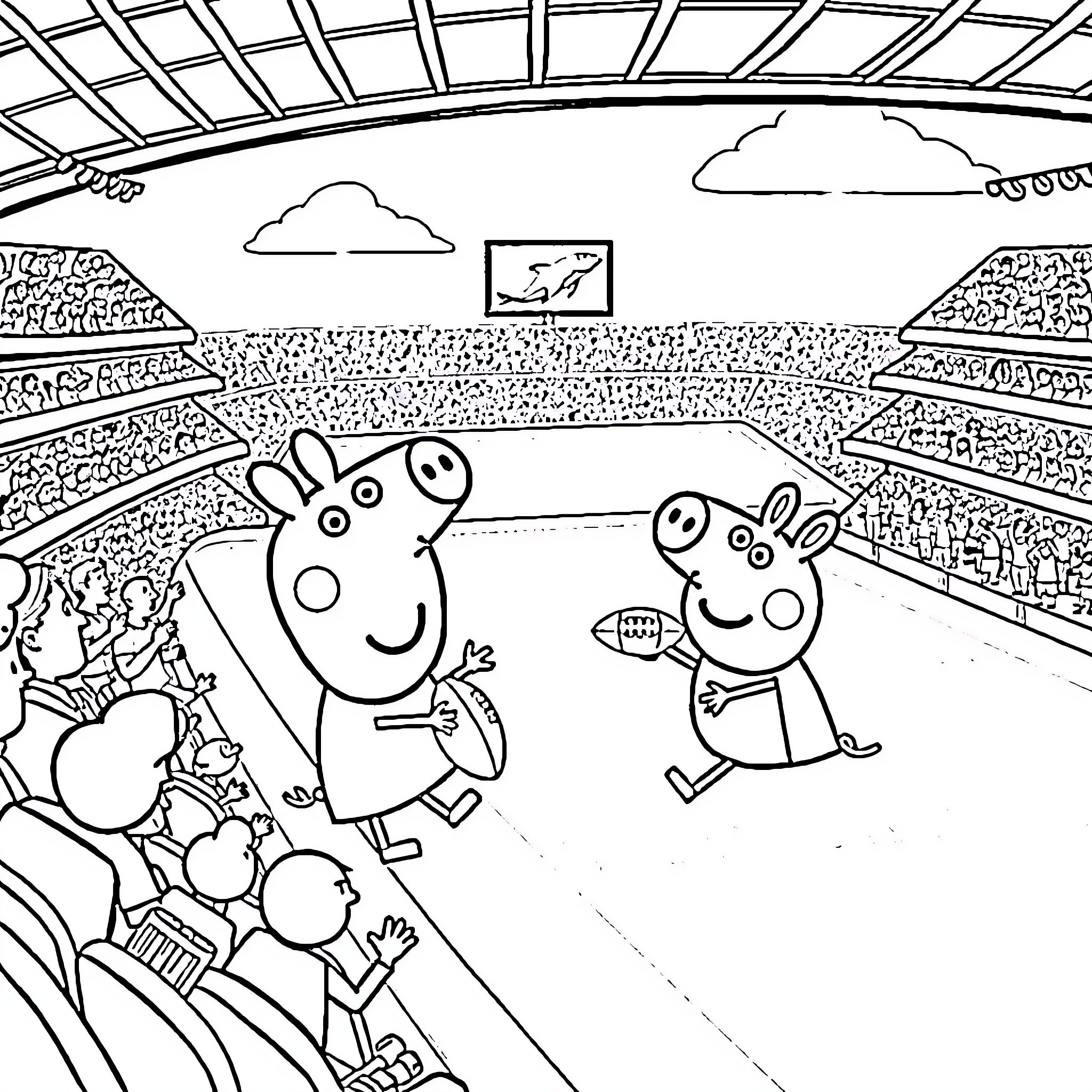 Bluey and Peppa Cheer at a Sports Game Coloring Page (free black-and-white line drawing printable PDF for all, from beginners to advanced learners, including children, teens, adults, and seniors)