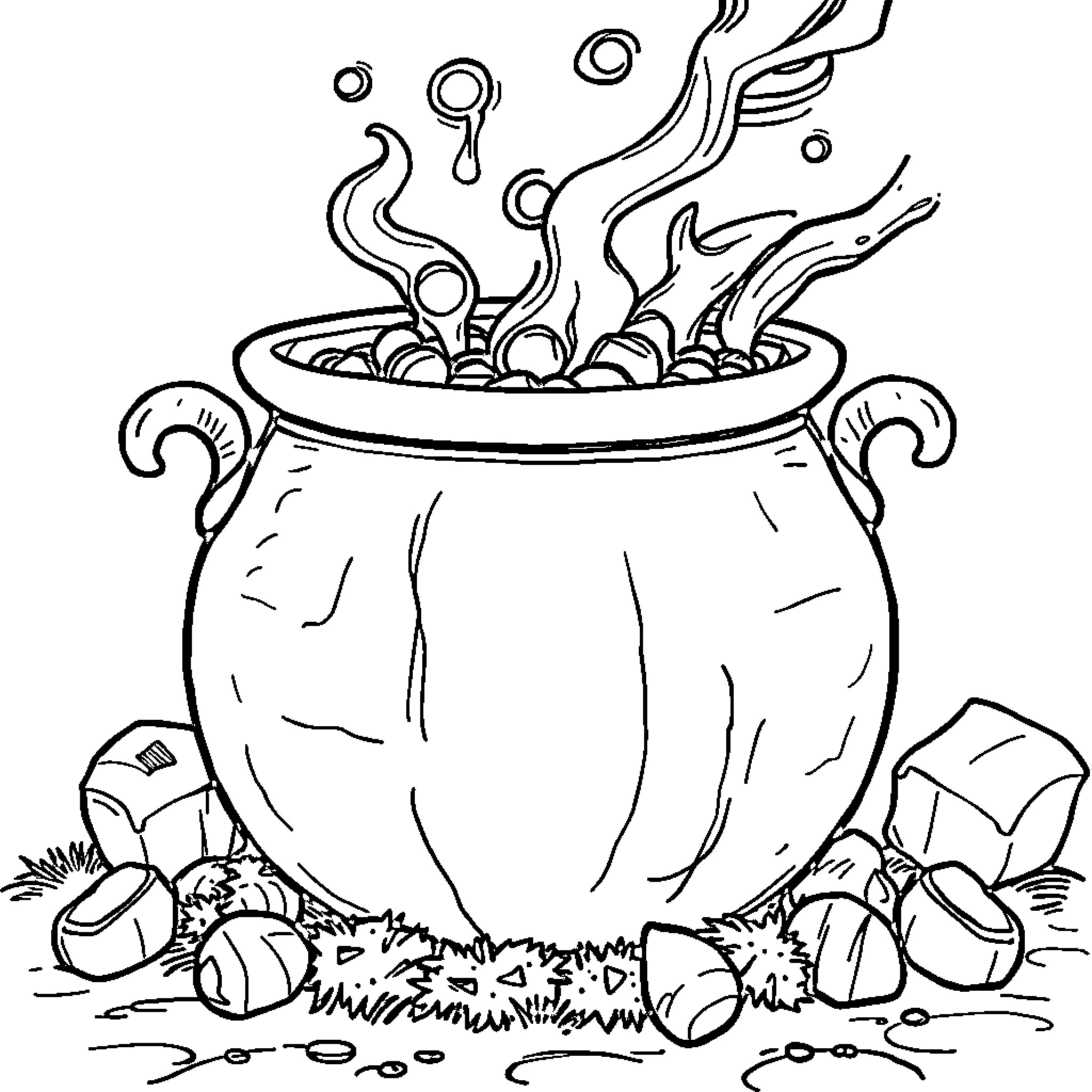 Cauldron bubbling with mysterious contents Coloring Page (free black-and-white line drawing printable PDF for all, from beginners to advanced learners, including children, teens, adults, and seniors)