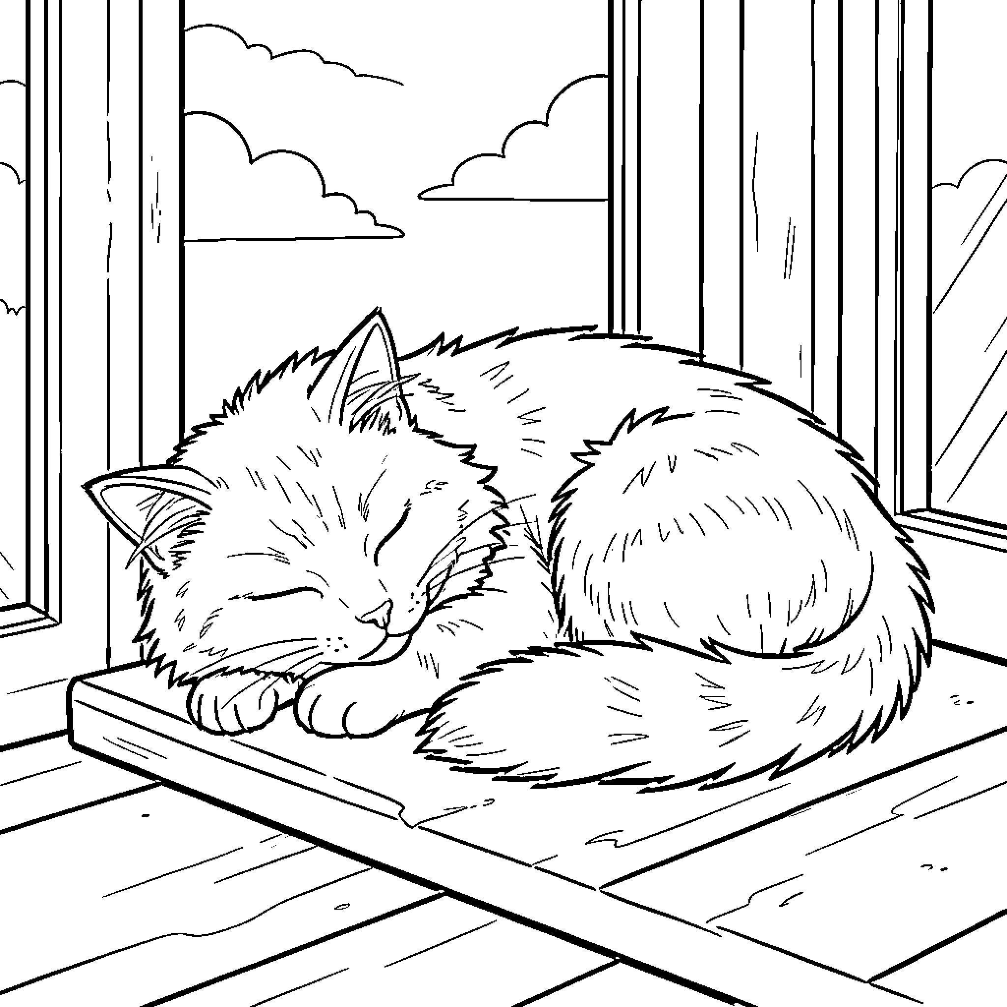 Cat napping peacefully by the window Coloring Page (free black-and-white line drawing printable PDF for all, from beginners to advanced learners, including children, teens, adults, and seniors)