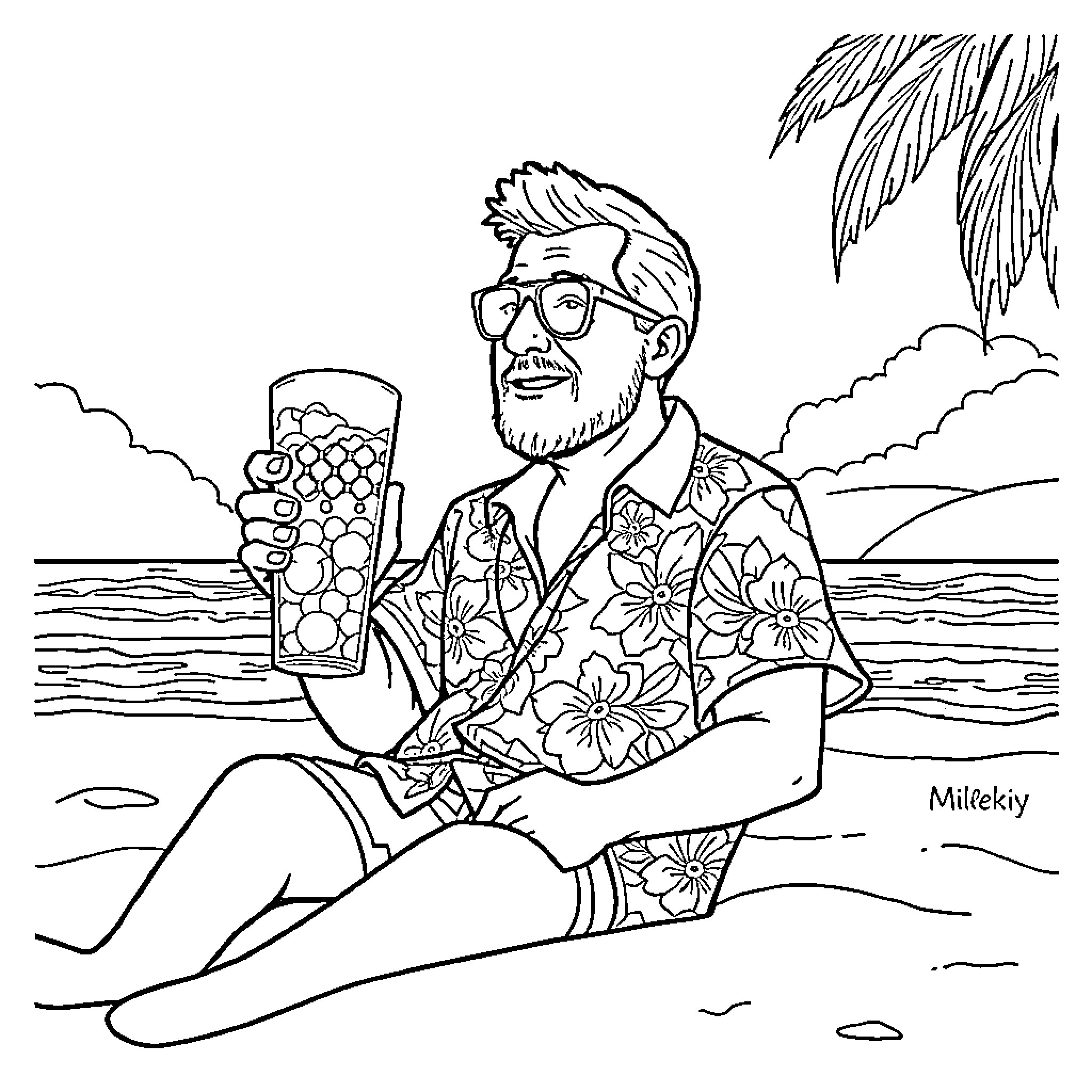 Presidente enjoying a drink on the beach Coloring Page (free black-and-white line drawing printable PDF for all, from beginners to advanced learners, including children, teens, adults, and seniors)
