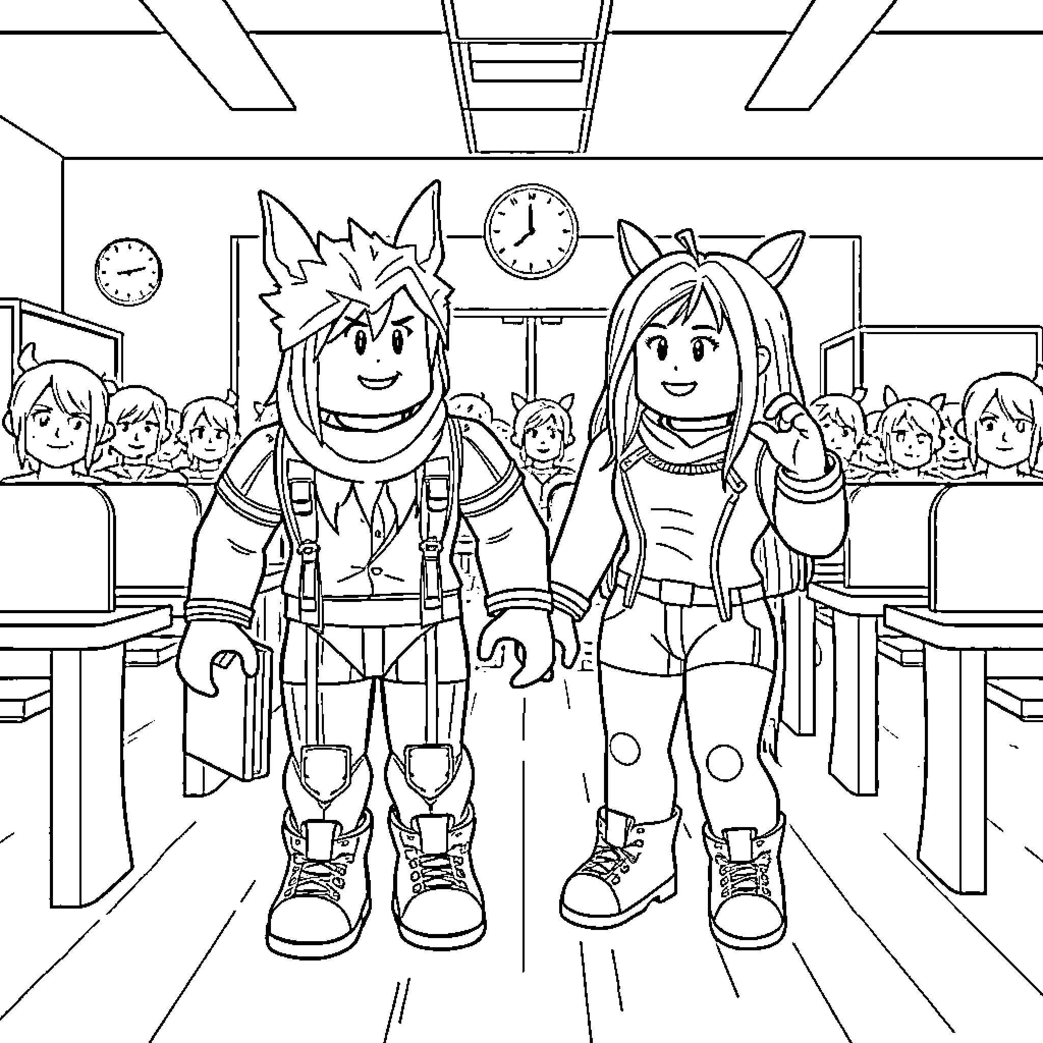 Roblox Characters in a Classroom Setting Coloring Page (free black-and-white line drawing printable PDF for all, from beginners to advanced learners, including children, teens, adults, and seniors)