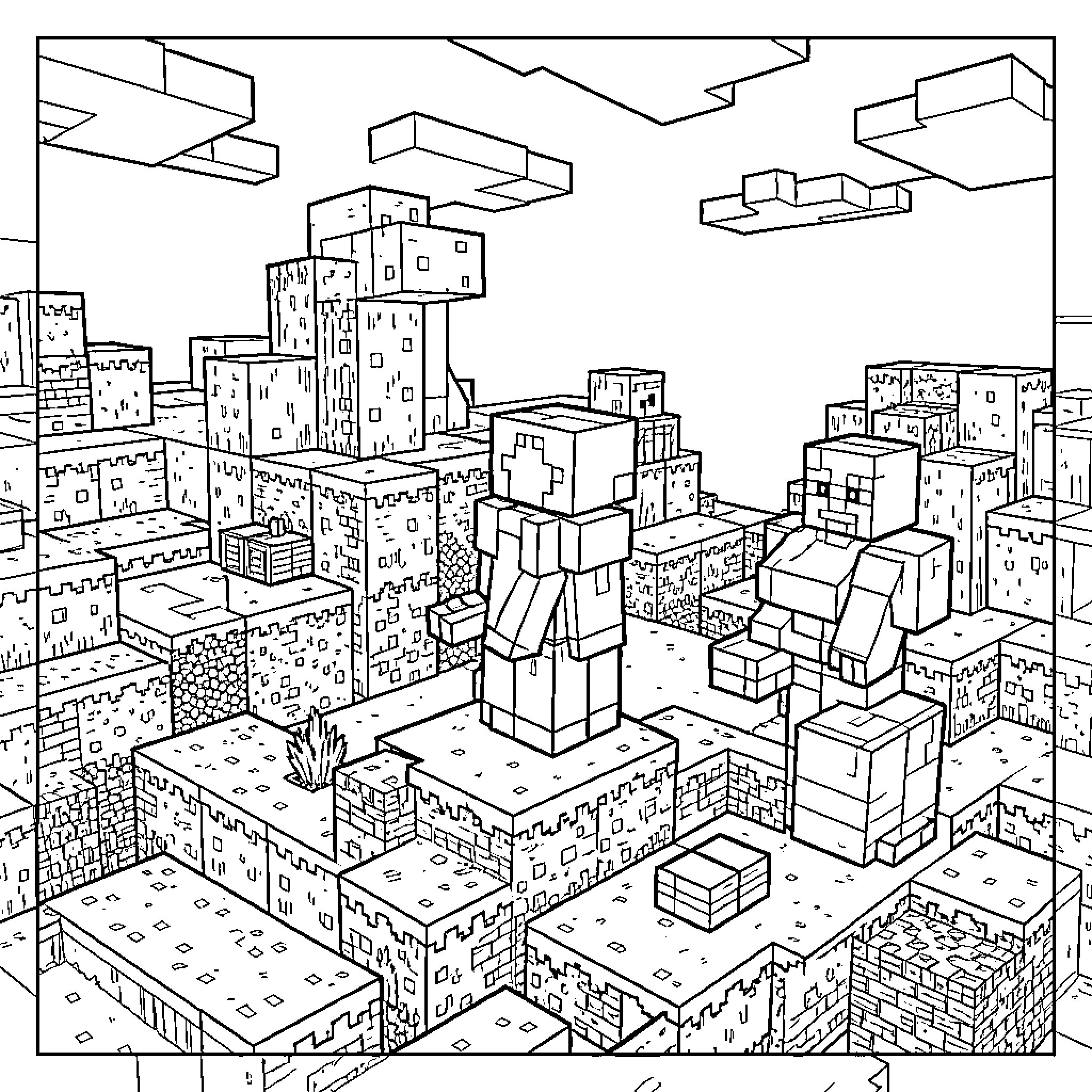 Minecraft characters standing amidst blocky structures and clouds Coloring Page (free black-and-white line drawing printable PDF for all, from beginners to advanced learners, including children, teens, adults, and seniors)