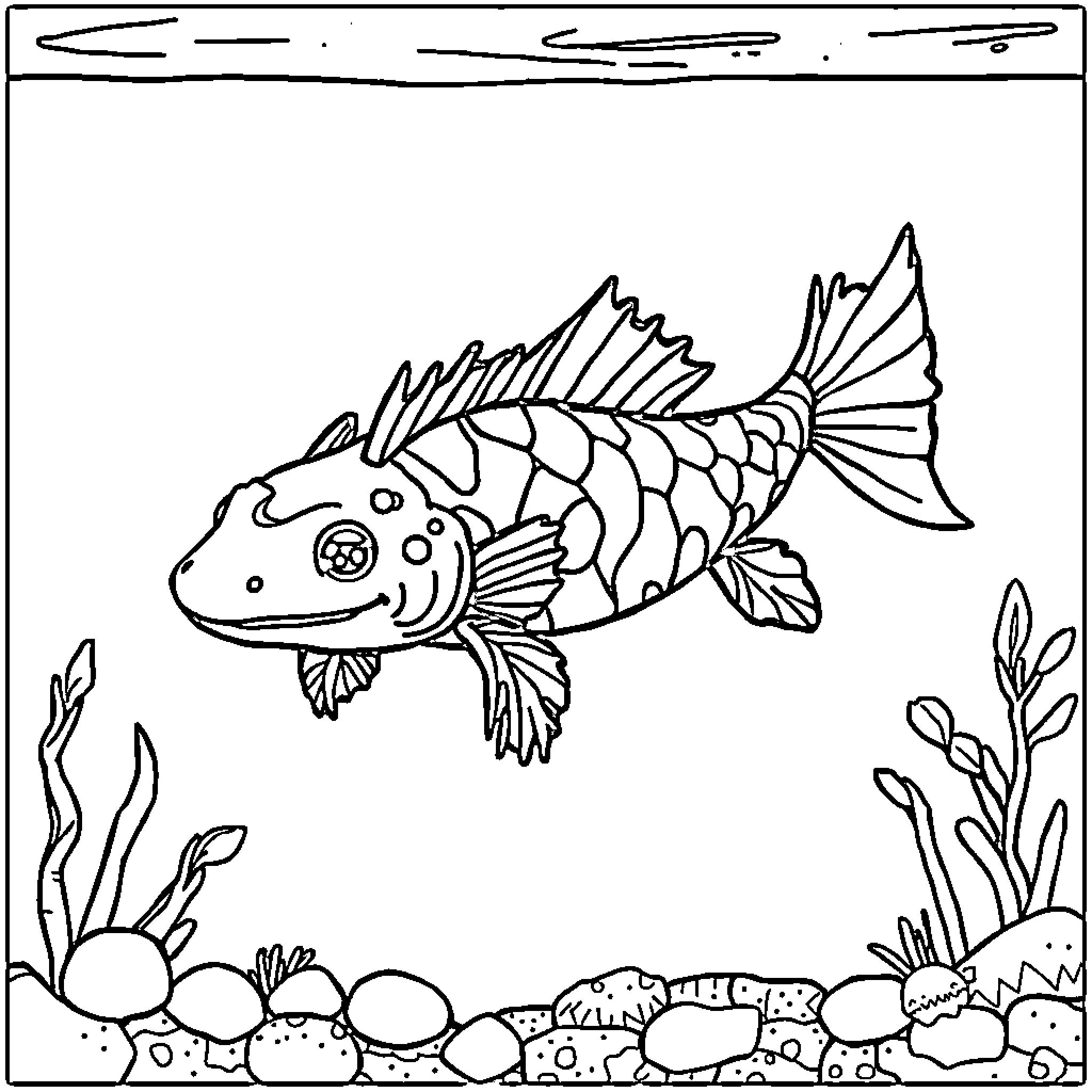 Axolotl swimming in an underwater scene Coloring Page (free black-and-white line drawing printable PDF for all, from beginners to advanced learners, including children, teens, adults, and seniors)