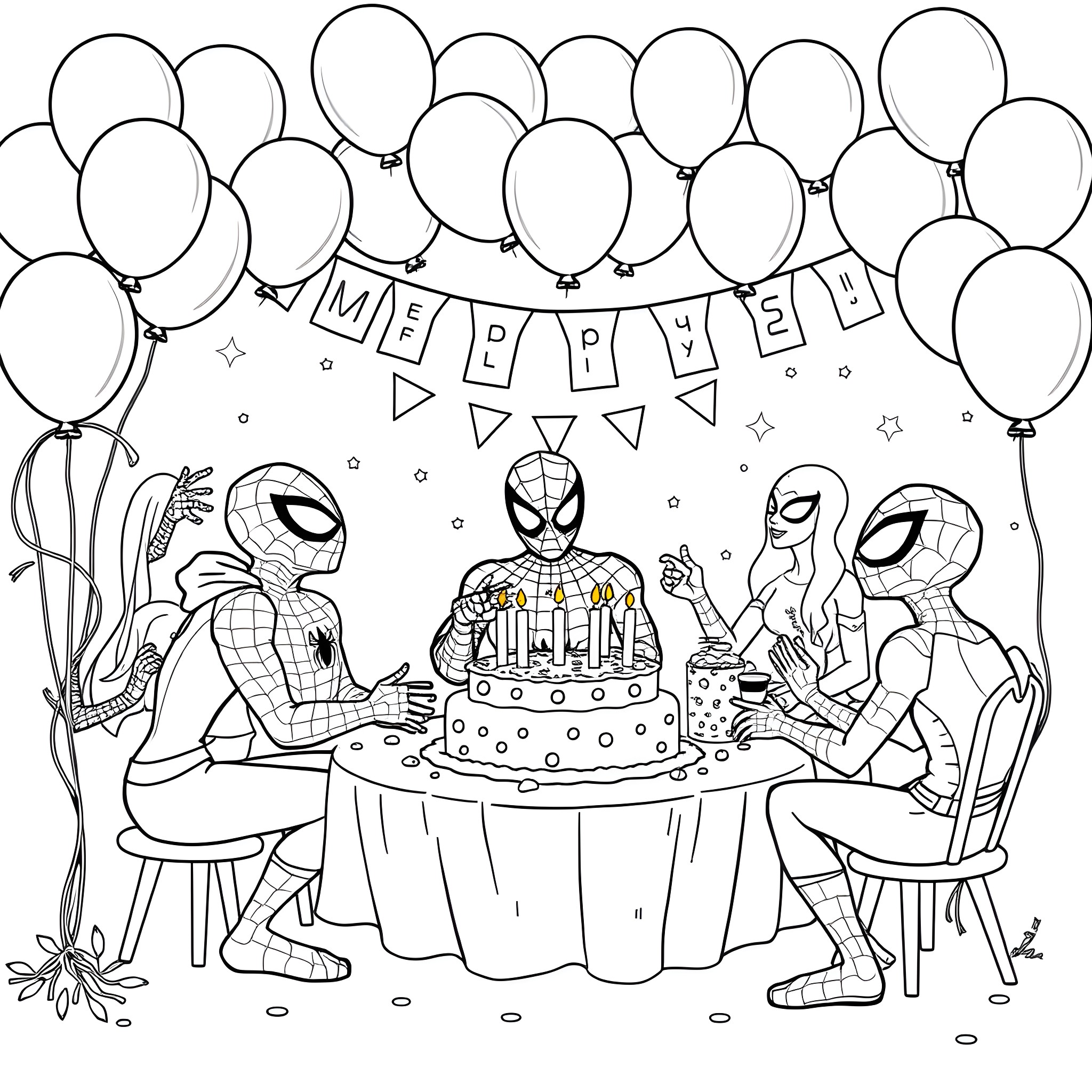 Spidey characters celebrate birthday party with cake and balloons Coloring Page (free black-and-white line drawing printable PDF for all, from beginners to advanced learners, including children, teens, adults, and seniors)