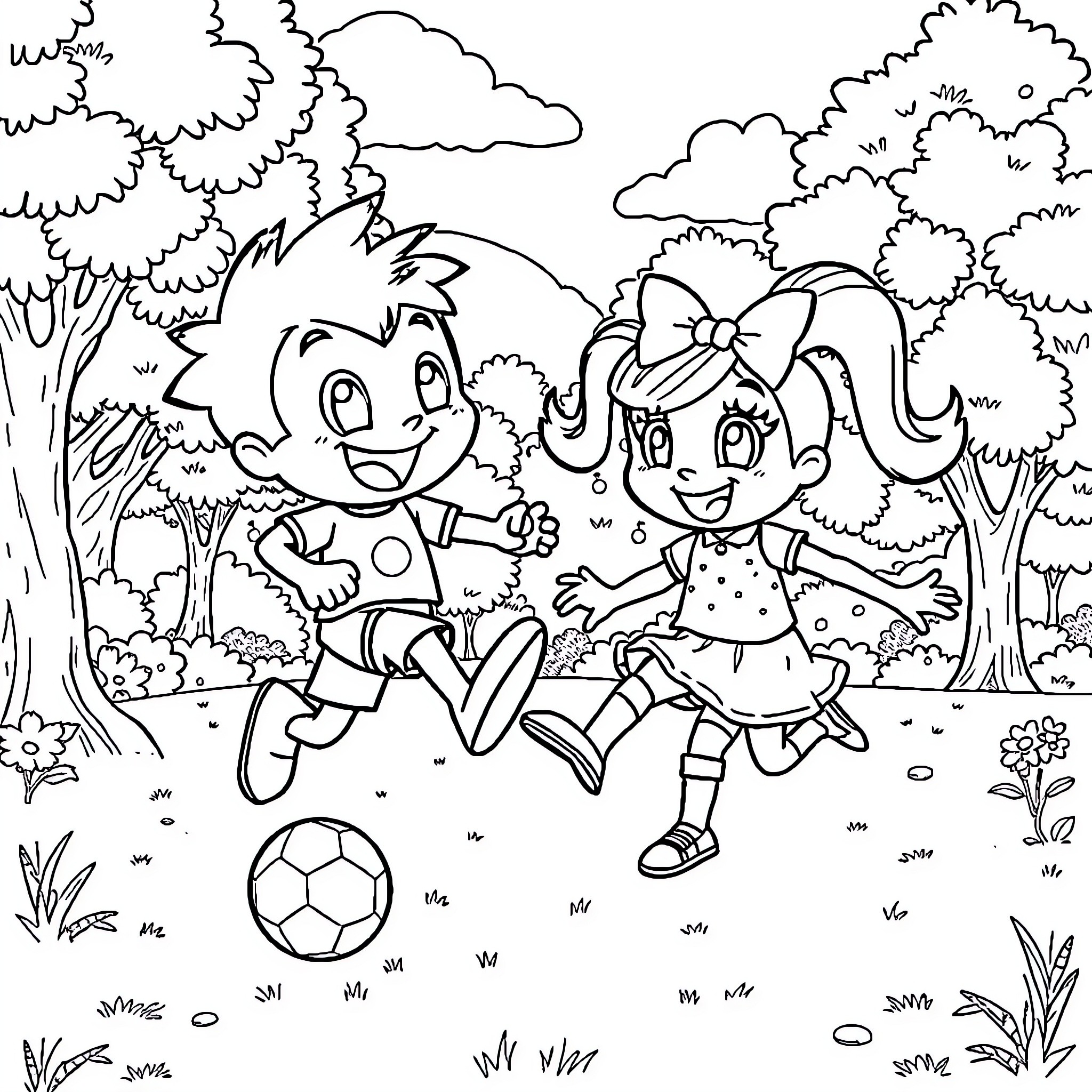 Bombom Children Playing Joyfully with Soccer Ball in Nature Coloring Page (free black-and-white line drawing printable PDF for all, from beginners to advanced learners, including children, teens, adults, and seniors)