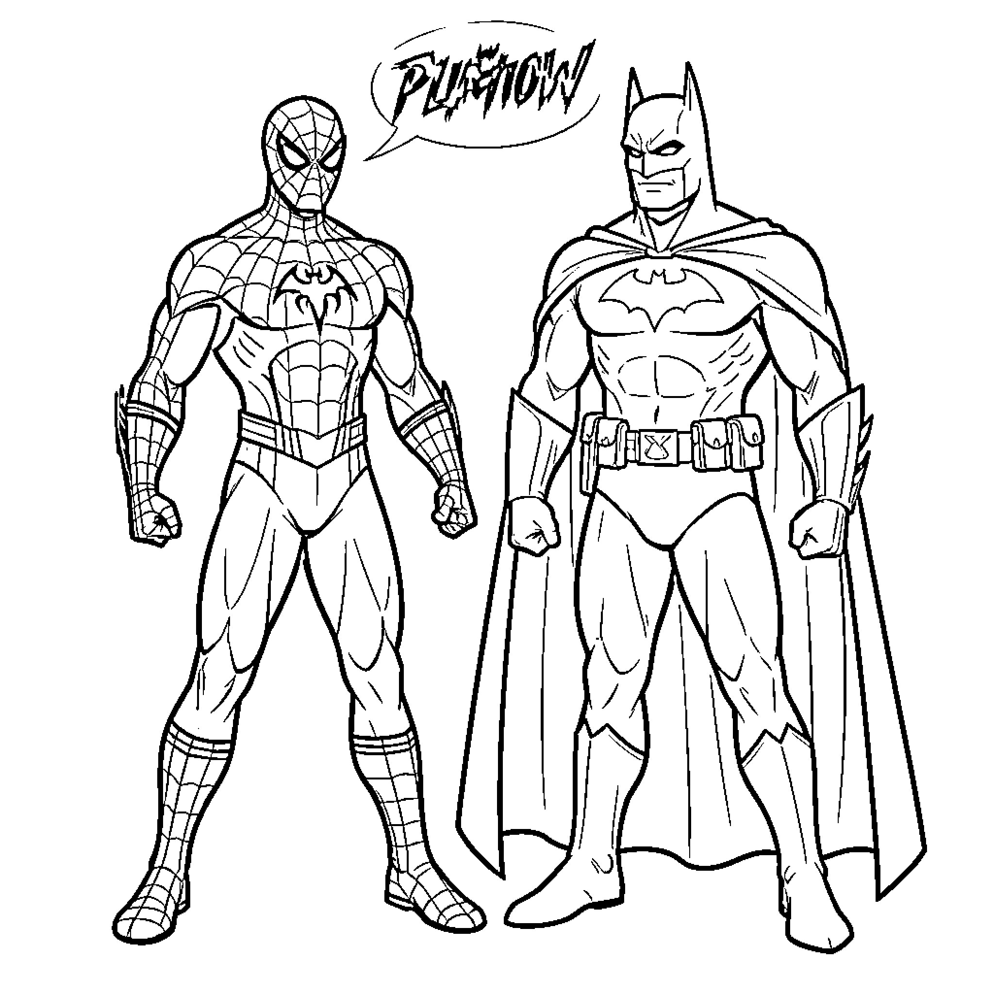 Spiderman and Batman standing side by side in heroic poses Coloring Page (free black-and-white line drawing printable PDF for all, from beginners to advanced learners, including children, teens, adults, and seniors)