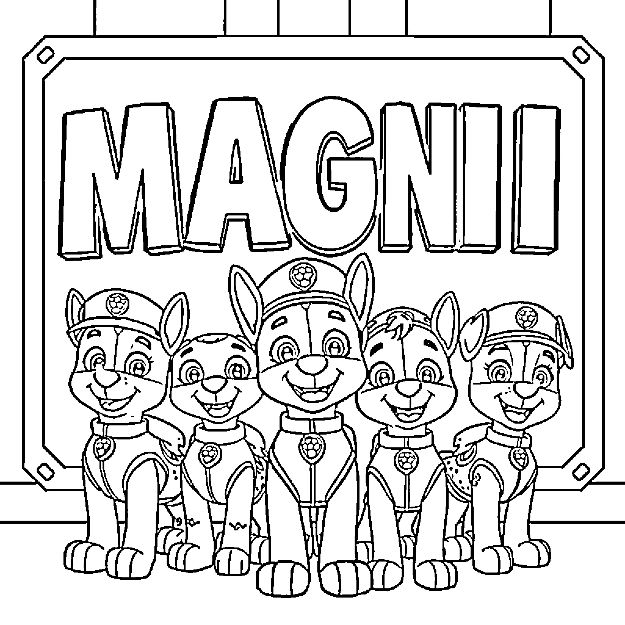 Paw Patrol Puppies in Uniform Posing Together Coloring Page (free black-and-white line drawing printable PDF for all, from beginners to advanced learners, including children, teens, adults, and seniors)