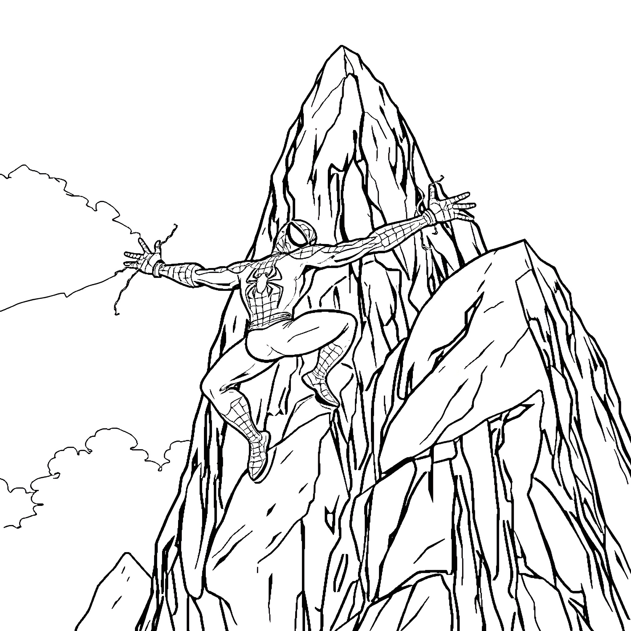 Spiderman scaling a towering mountain peak Coloring Page (free black-and-white line drawing printable PDF for all, from beginners to advanced learners, including children, teens, adults, and seniors)