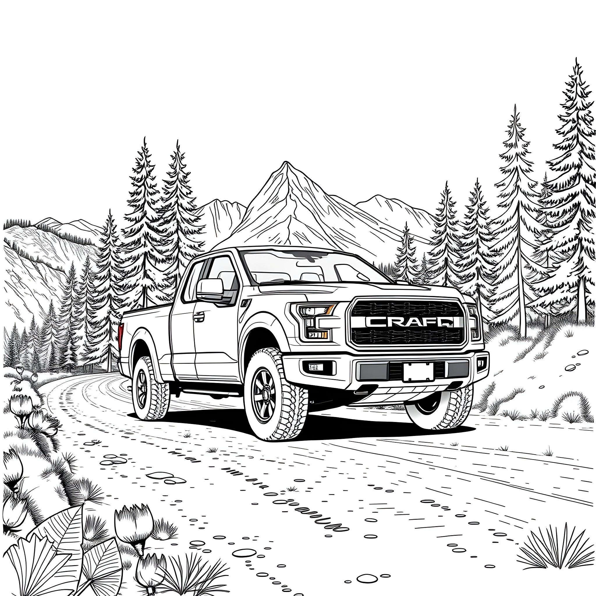 Pick Up Truck Navigating a Scenic Mountain Road Coloring Page (free black-and-white line drawing printable PDF for all, from beginners to advanced learners, including children, teens, adults, and seniors)