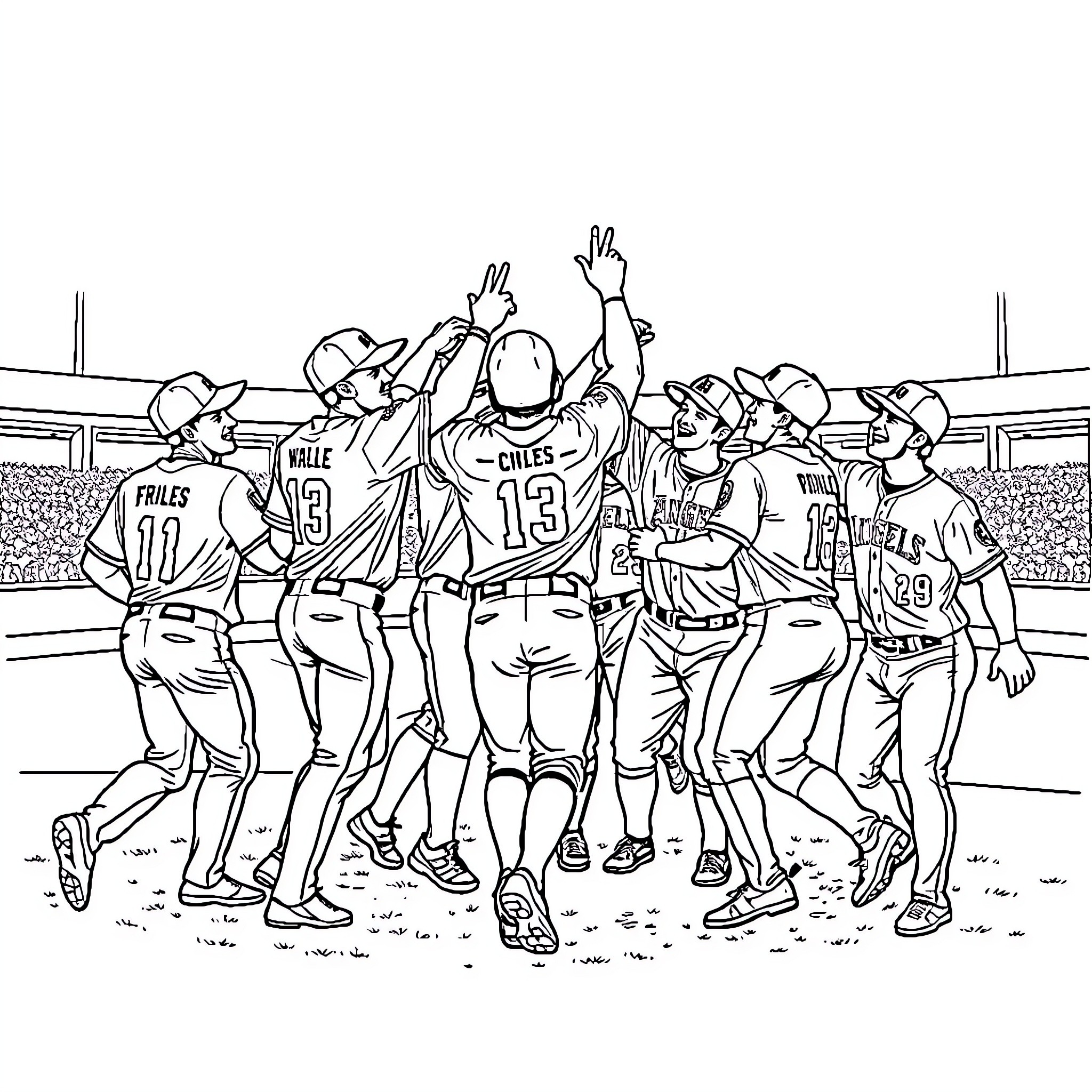 Angel Teammates Celebrate Victory on Baseball Field Coloring Page (free black-and-white line drawing printable PDF for all, from beginners to advanced learners, including children, teens, adults, and seniors)