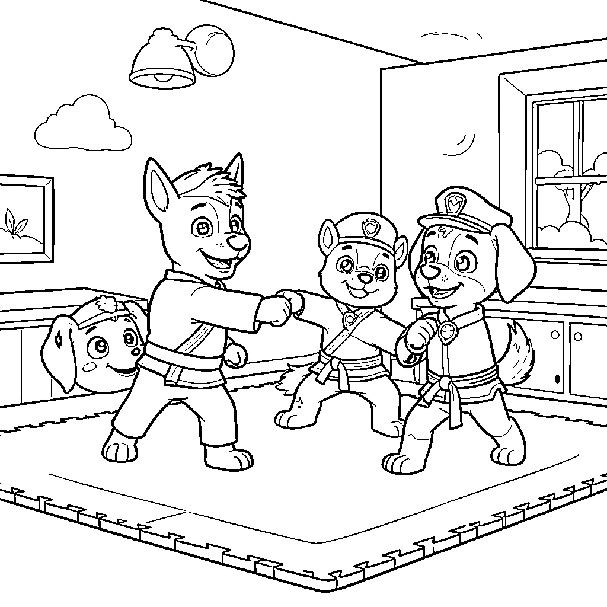 Chase and friends dancing joyfully in a room Coloring Page (free black-and-white line drawing printable PDF for all, from beginners to advanced learners, including children, teens, adults, and seniors)