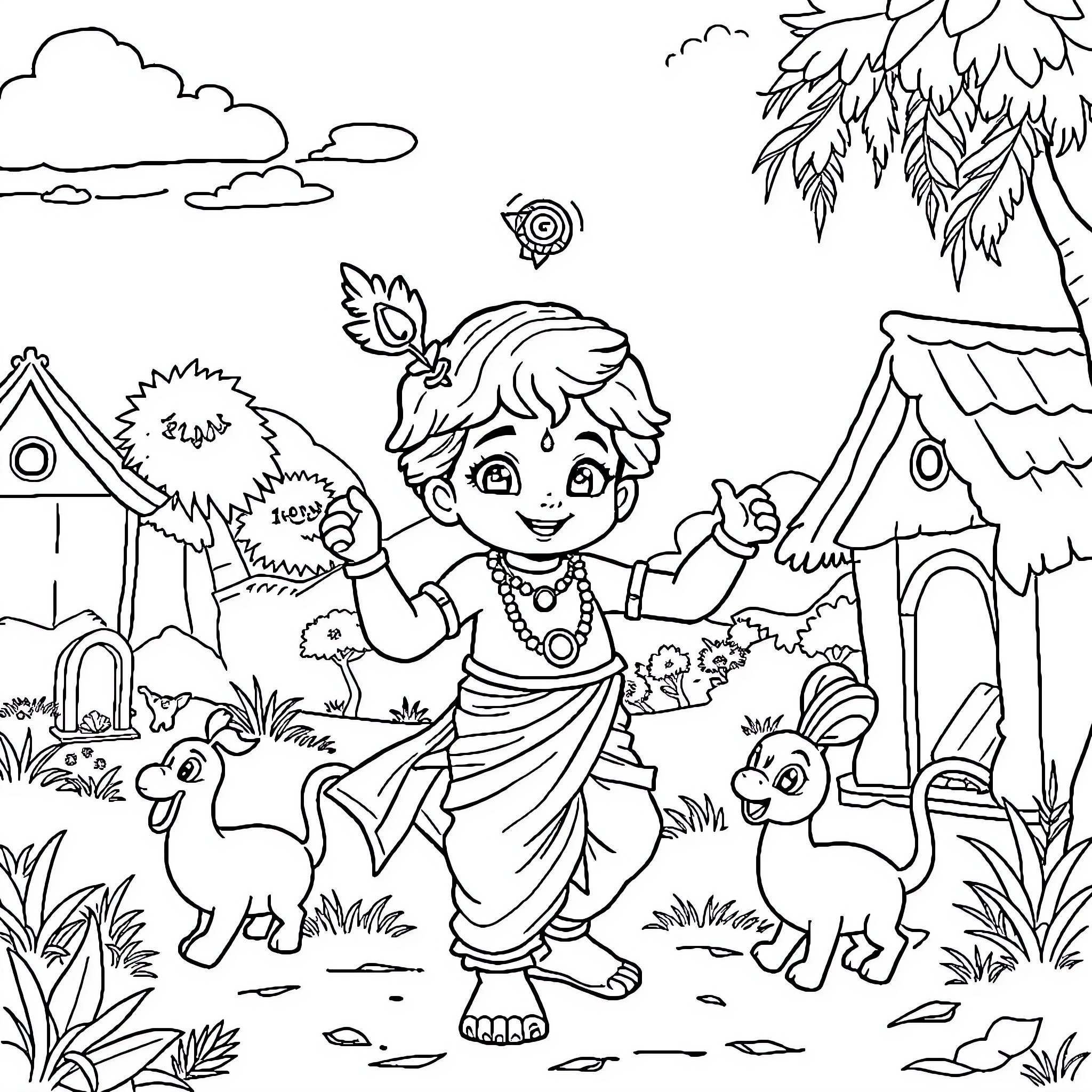 Krishna Playing with Peacocks and Butterflies in the Village Coloring Page (free black-and-white line drawing printable PDF for all, from beginners to advanced learners, including children, teens, adults, and seniors)
