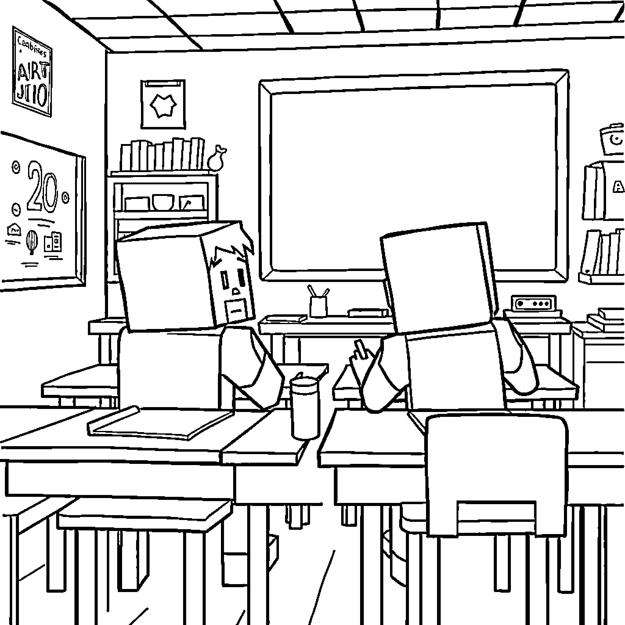 Minecraft Character studying in a classroom Coloring Page (free black-and-white line drawing printable PDF for all, from beginners to advanced learners, including children, teens, adults, and seniors)