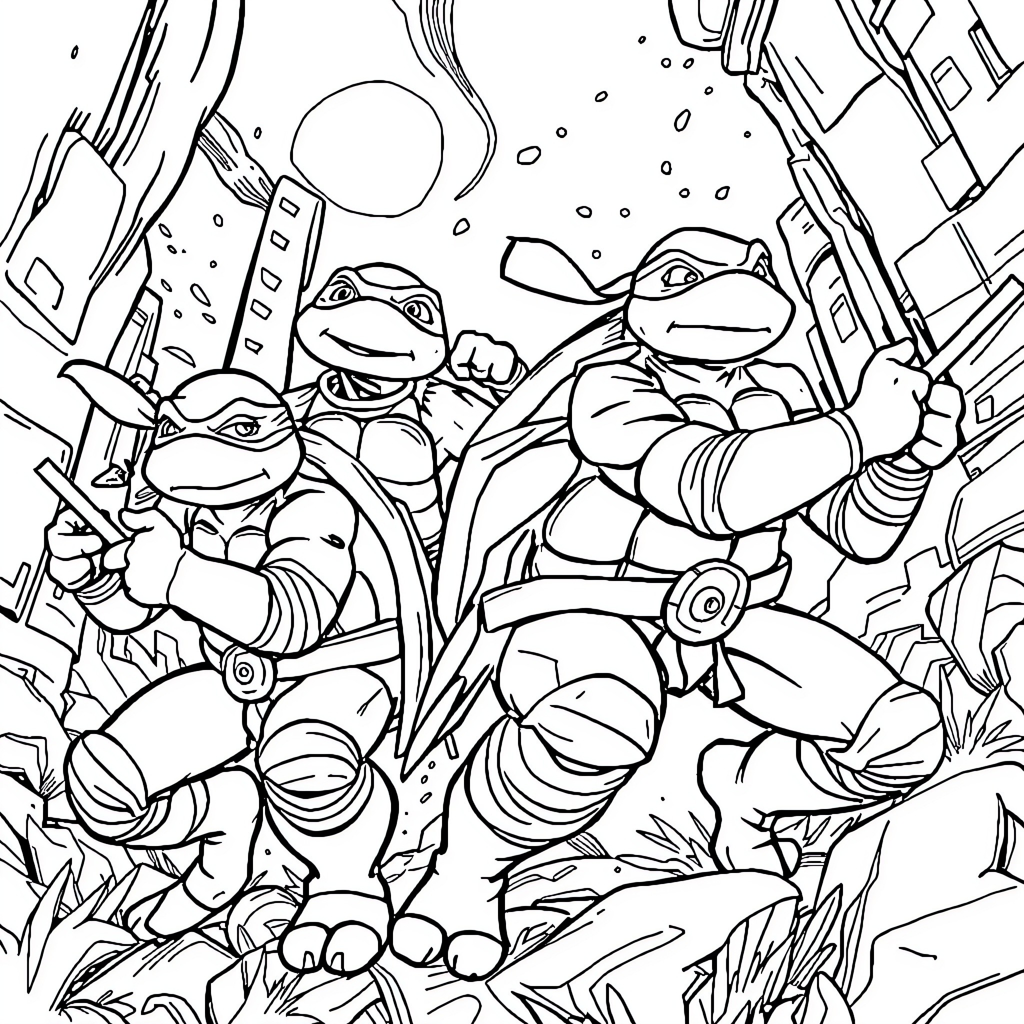 Teenage Mutant Ninja Turtles in action-packed scene Coloring Page (free black-and-white line drawing printable PDF for all, from beginners to advanced learners, including children, teens, adults, and seniors)