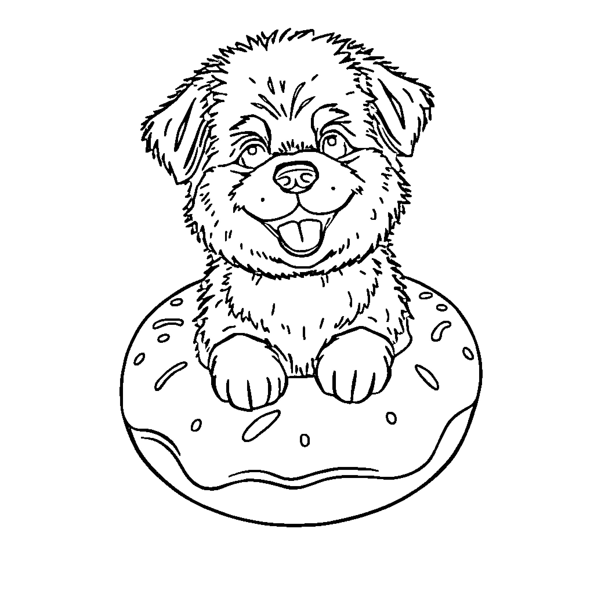 Doge sitting happily on a donut Coloring Page (free black-and-white line drawing printable PDF for all, from beginners to advanced learners, including children, teens, adults, and seniors)