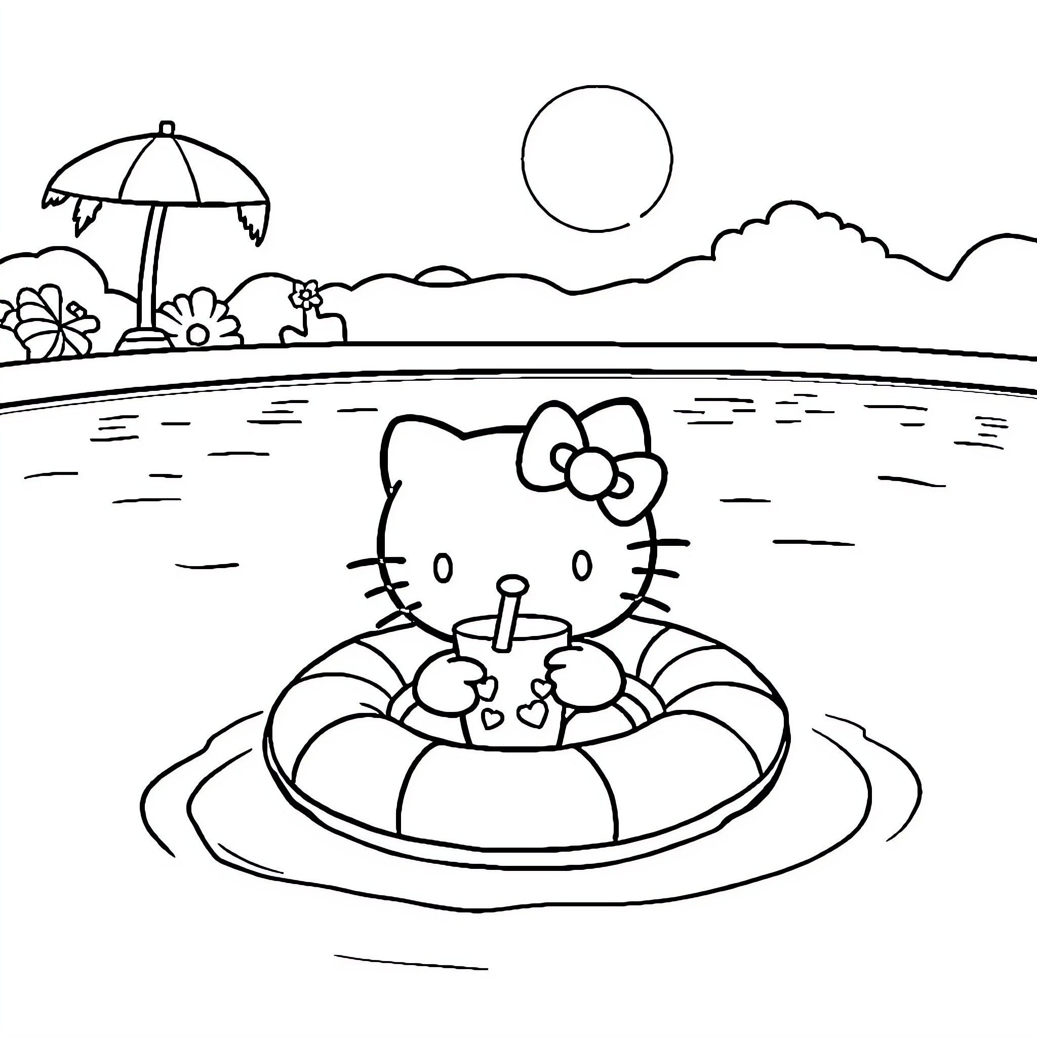 Hello Kitty enjoying a day at the beach Coloring Page (free black-and-white line drawing printable PDF for all, from beginners to advanced learners, including children, teens, adults, and seniors)
