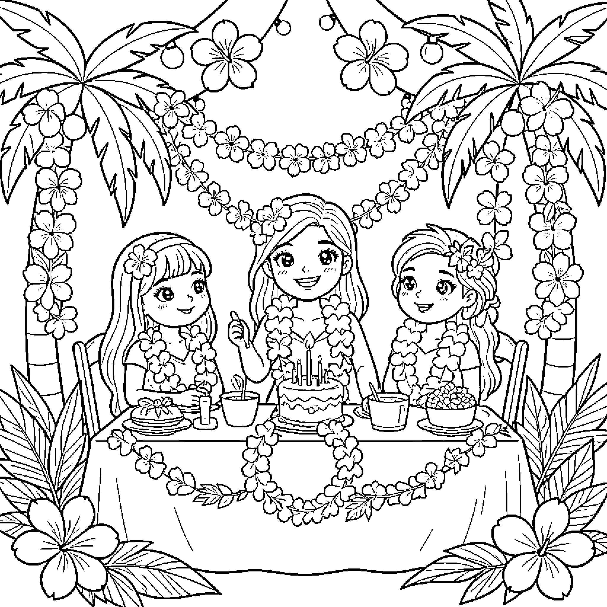 Birthday Celebration with Flowers and Hula Girls Coloring Page (free black-and-white line drawing printable PDF for all, from beginners to advanced learners, including children, teens, adults, and seniors)