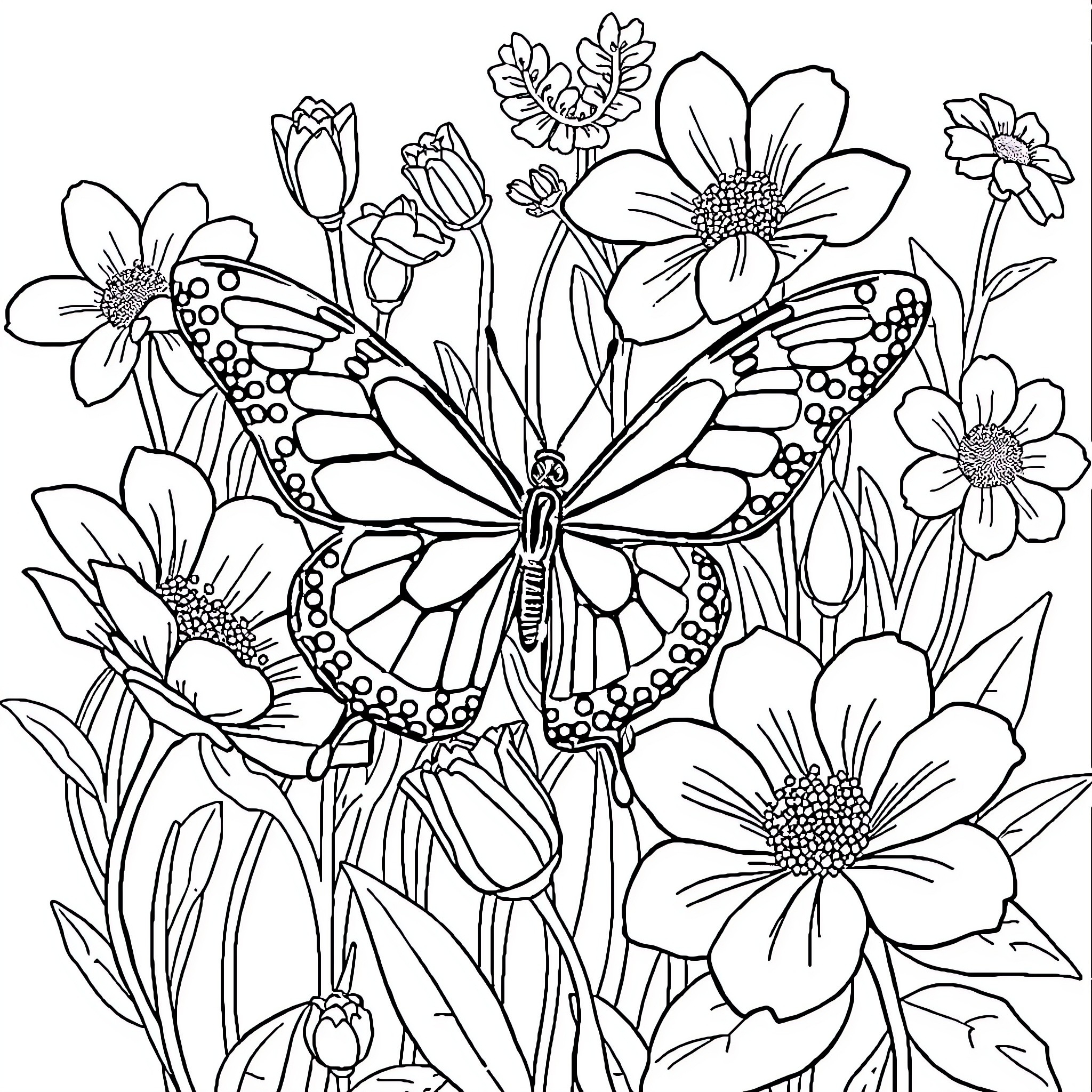 Butterfly surrounded by blooming flowers Coloring Page (free black-and-white line drawing printable PDF for all, from beginners to advanced learners, including children, teens, adults, and seniors)