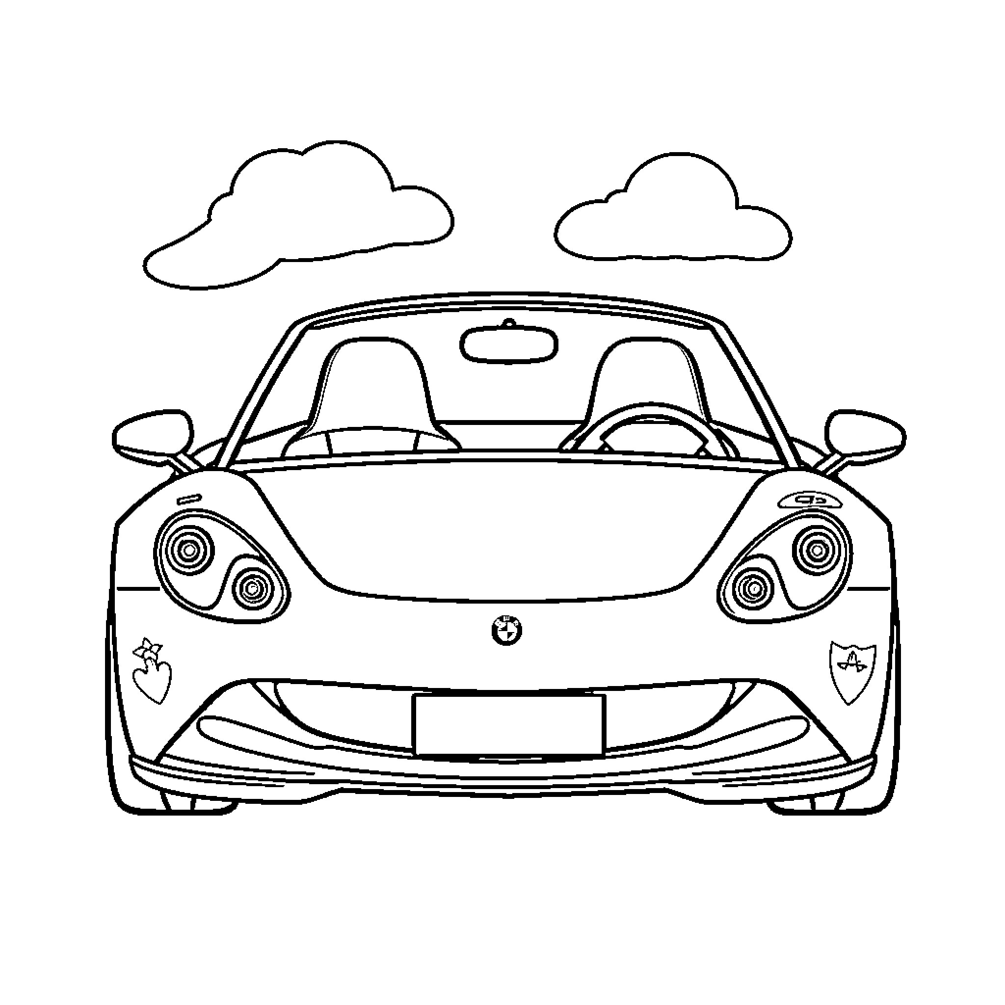 Sports Car with Playful Decals Coloring Page (free black-and-white line drawing printable PDF for all, from beginners to advanced learners, including children, teens, adults, and seniors)