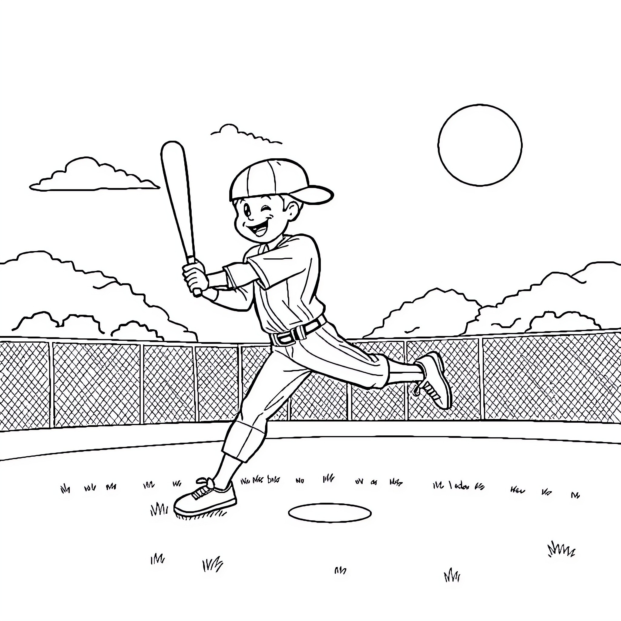 Spin the Bat at the Ballpark Coloring Page (free black-and-white line drawing printable PDF for all, from beginners to advanced learners, including children, teens, adults, and seniors)