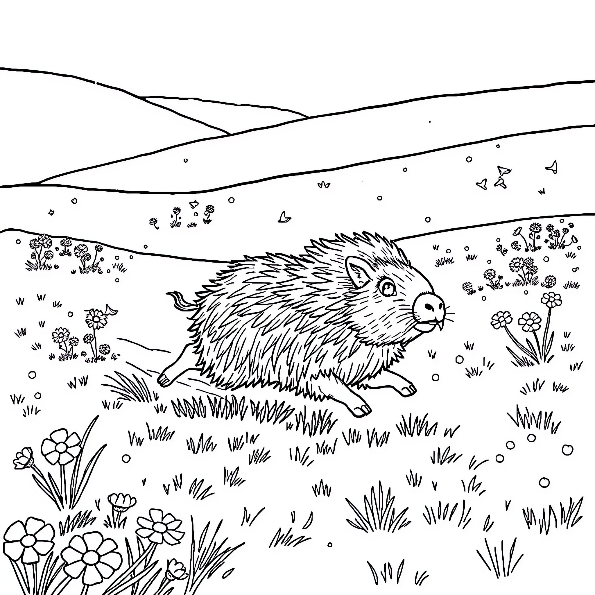 Haggis the Hedgehog Scurrying Through the Flowery Meadow Coloring Page (free black-and-white line drawing printable PDF for all, from beginners to advanced learners, including children, teens, adults, and seniors)