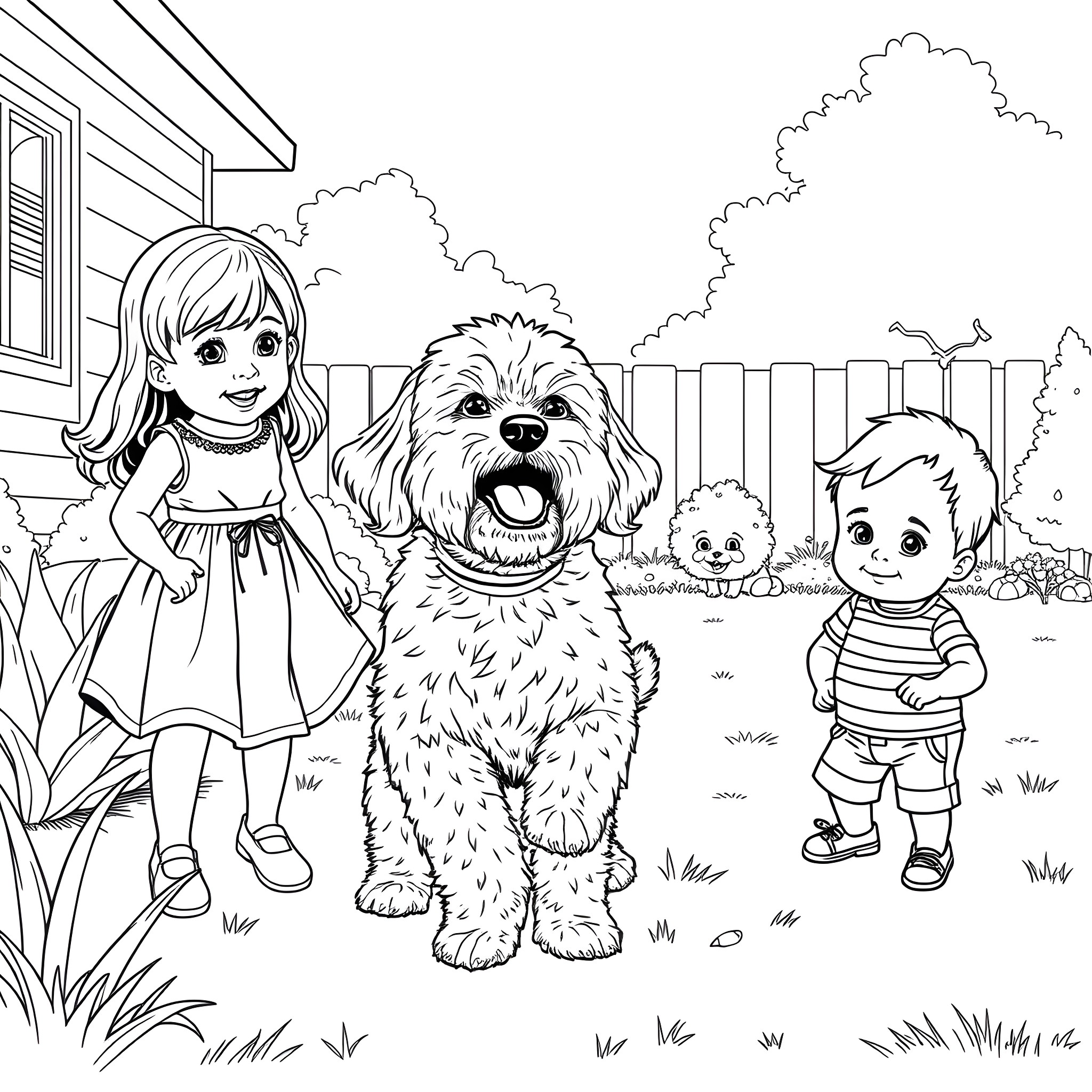 Cockapoo playing happily with children in a backyard Coloring Page (free black-and-white line drawing printable PDF for all, from beginners to advanced learners, including children, teens, adults, and seniors)