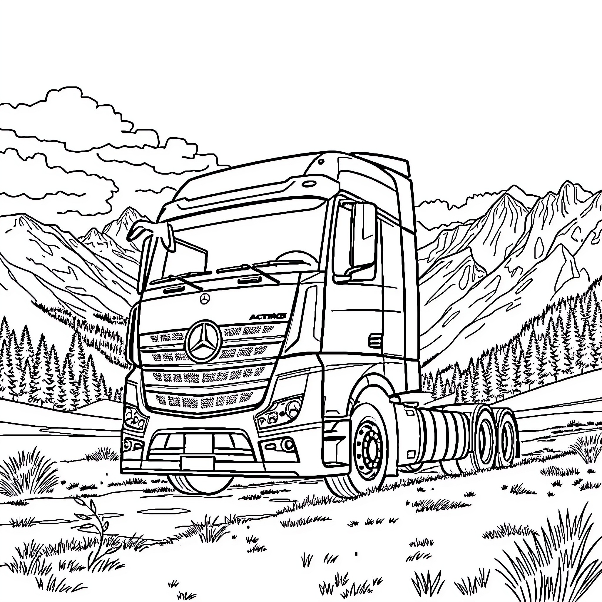 Lorry traversing through scenic mountain landscape Coloring Page (free black-and-white line drawing printable PDF for all, from beginners to advanced learners, including children, teens, adults, and seniors)