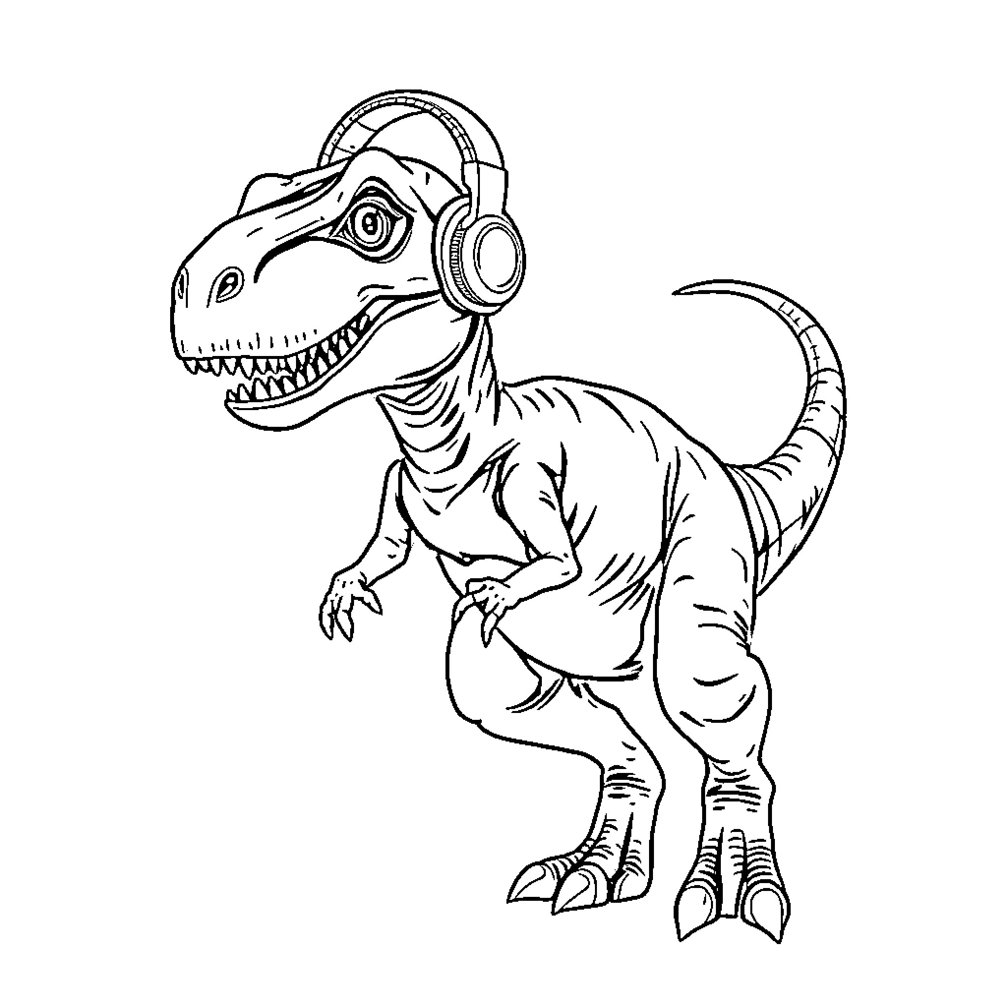 Velociraptor listening to music with headphones Coloring Page (free black-and-white line drawing printable PDF for all, from beginners to advanced learners, including children, teens, adults, and seniors)