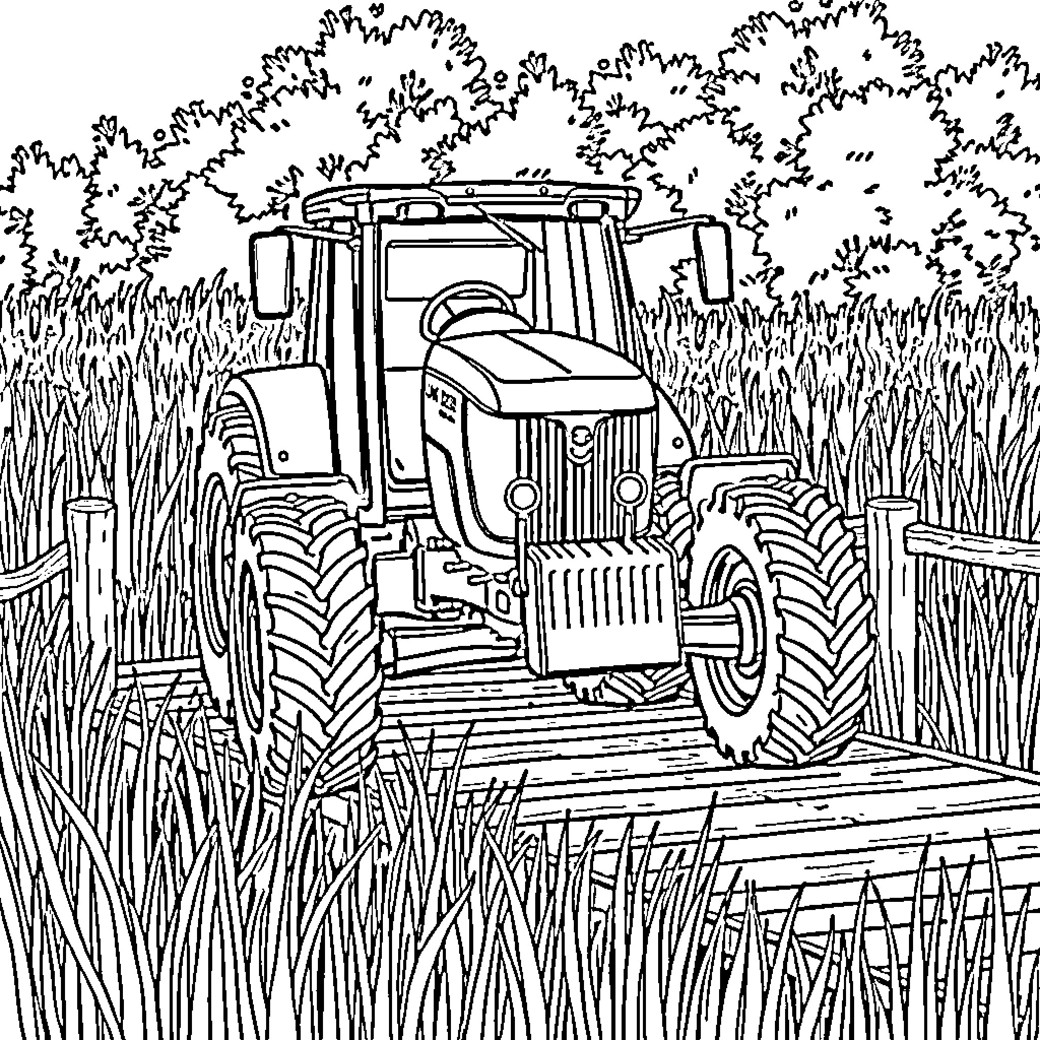 Tractor plowing through lush field with dense foliage Coloring Page (free black-and-white line drawing printable PDF for all, from beginners to advanced learners, including children, teens, adults, and seniors)