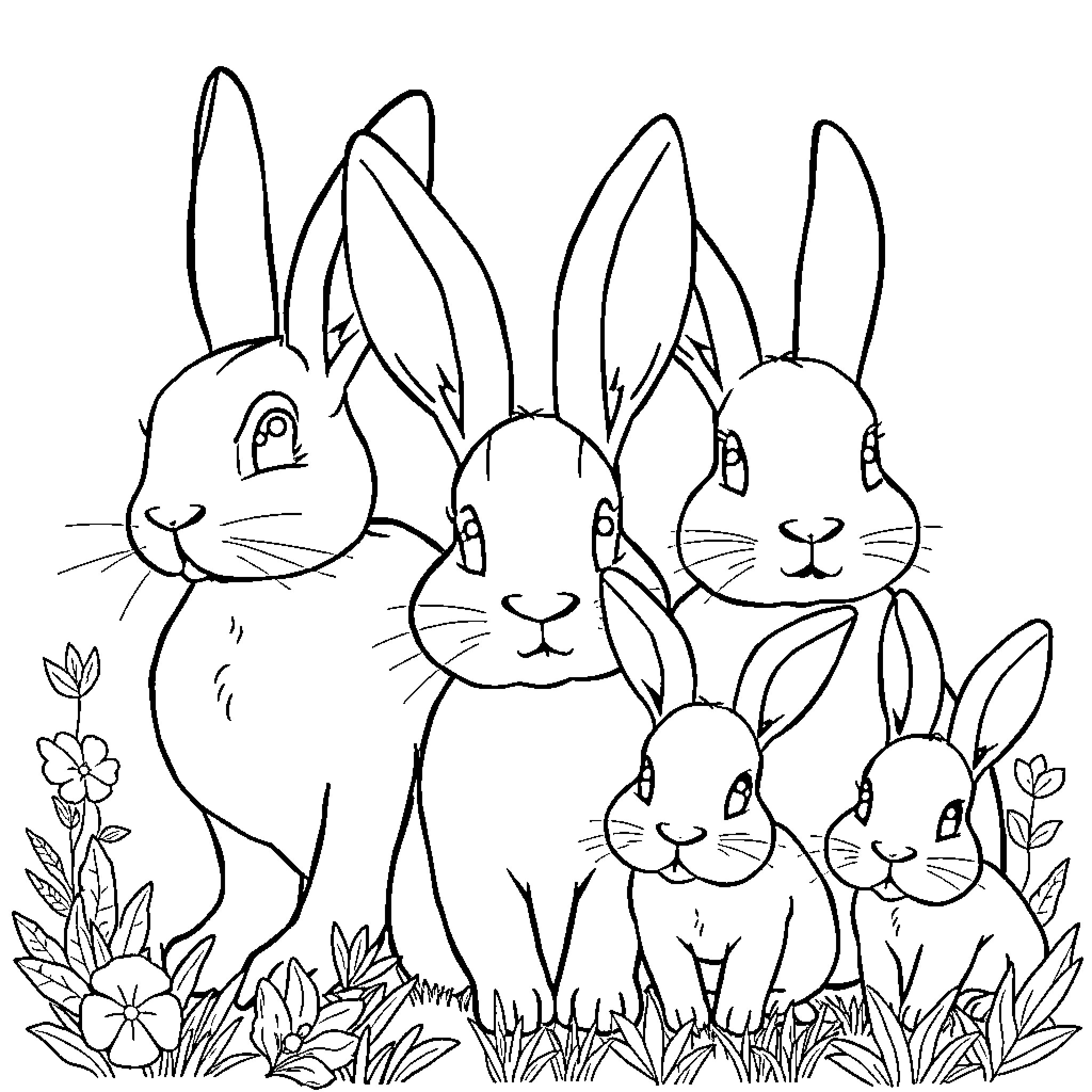 Rabbits gathering in garden with blooming flowers Coloring Page (free black-and-white line drawing printable PDF for all, from beginners to advanced learners, including children, teens, adults, and seniors)