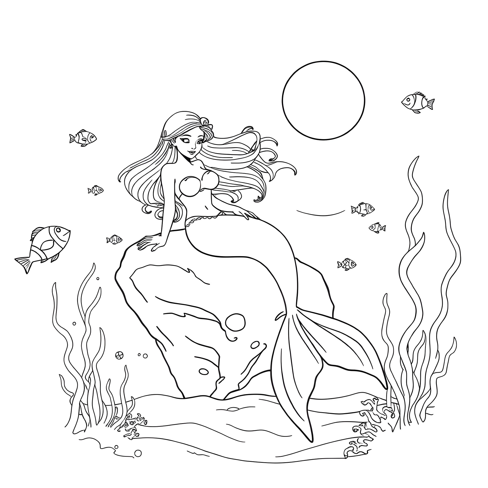 Mermaid swimming peacefully in the underwater world Coloring Page (free black-and-white line drawing printable PDF for all, from beginners to advanced learners, including children, teens, adults, and seniors)