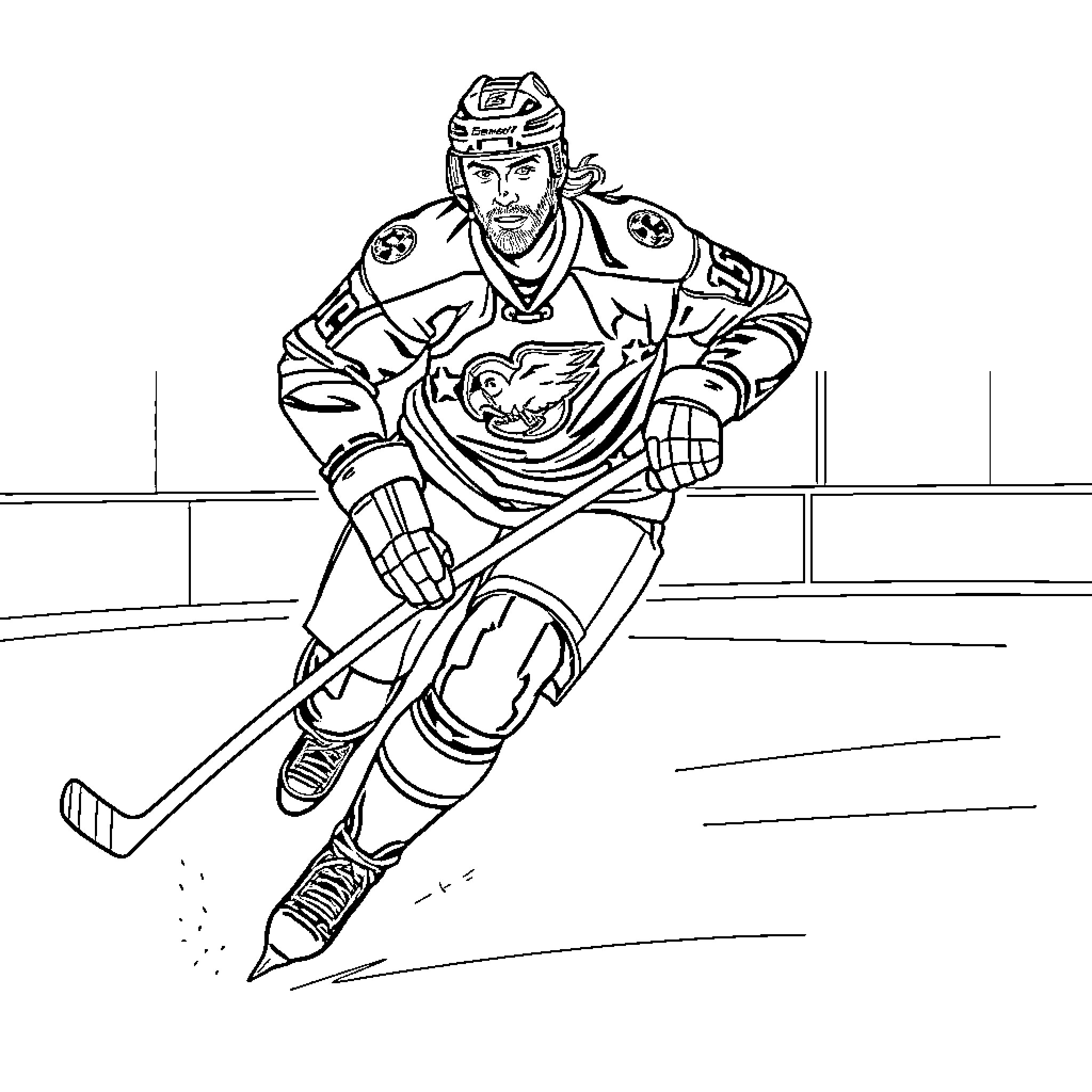 Zetterberg skating with determination in hockey match Coloring Page (free black-and-white line drawing printable PDF for all, from beginners to advanced learners, including children, teens, adults, and seniors)