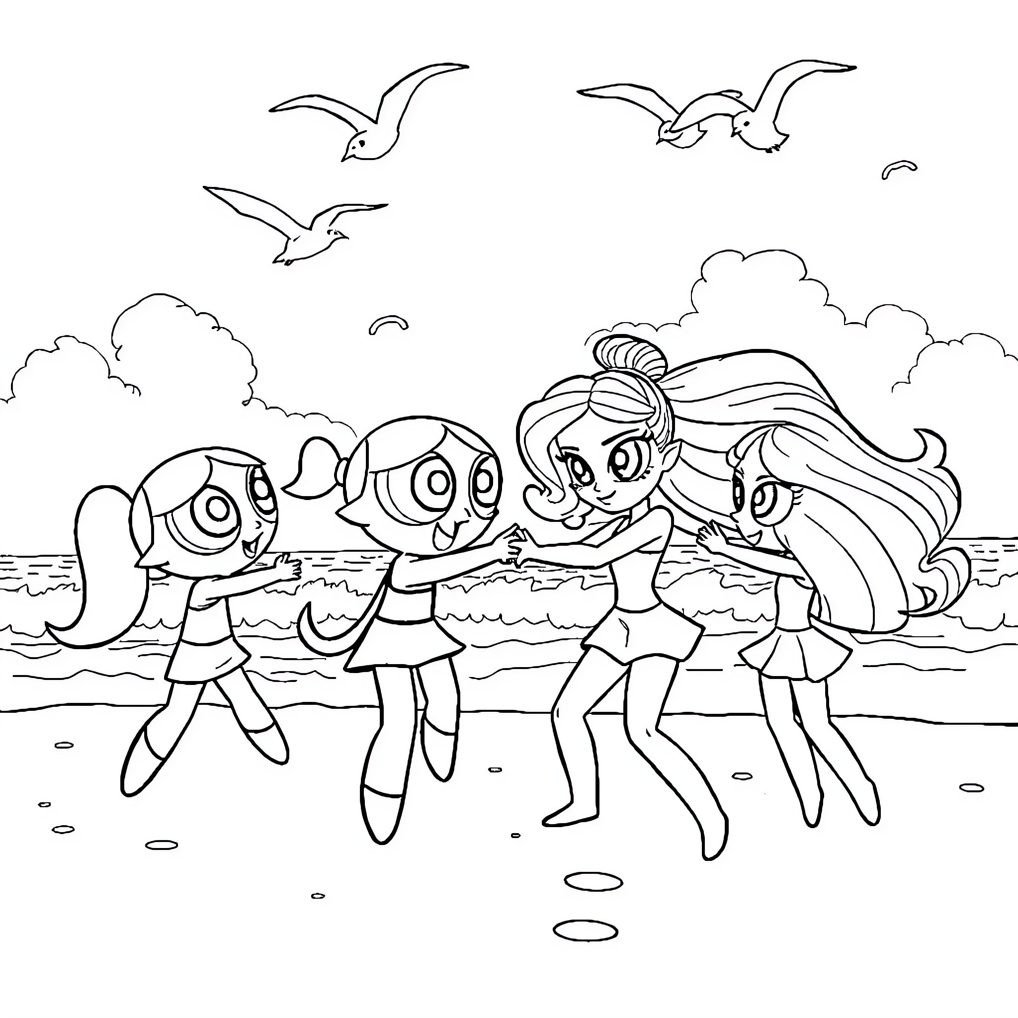 Powerpuff Girls playing on the beach Coloring Page (free black-and-white line drawing printable PDF for all, from beginners to advanced learners, including children, teens, adults, and seniors)