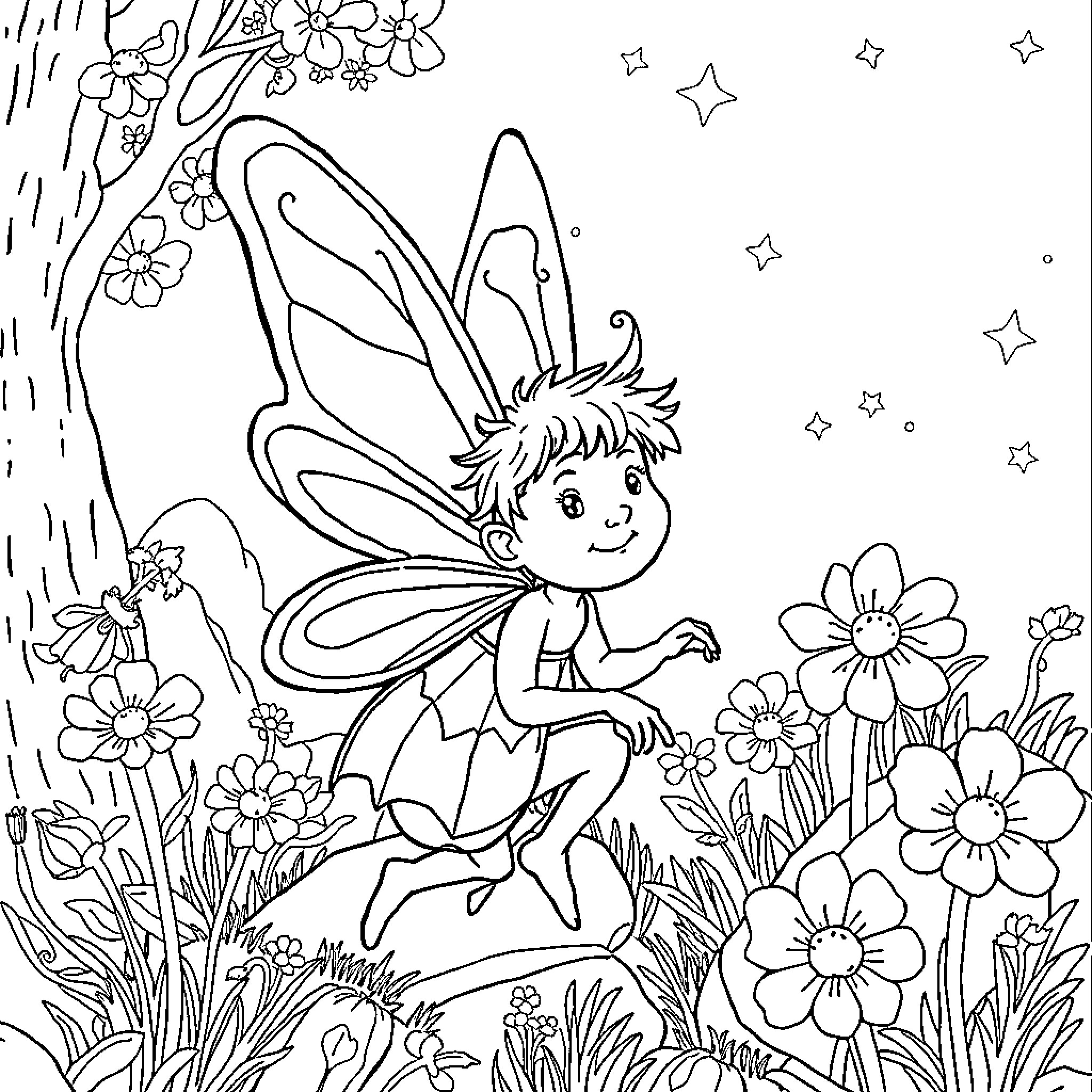 Freddie the Fairy's Enchanted Garden Adventure Coloring Page (free black-and-white line drawing printable PDF for all, from beginners to advanced learners, including children, teens, adults, and seniors)