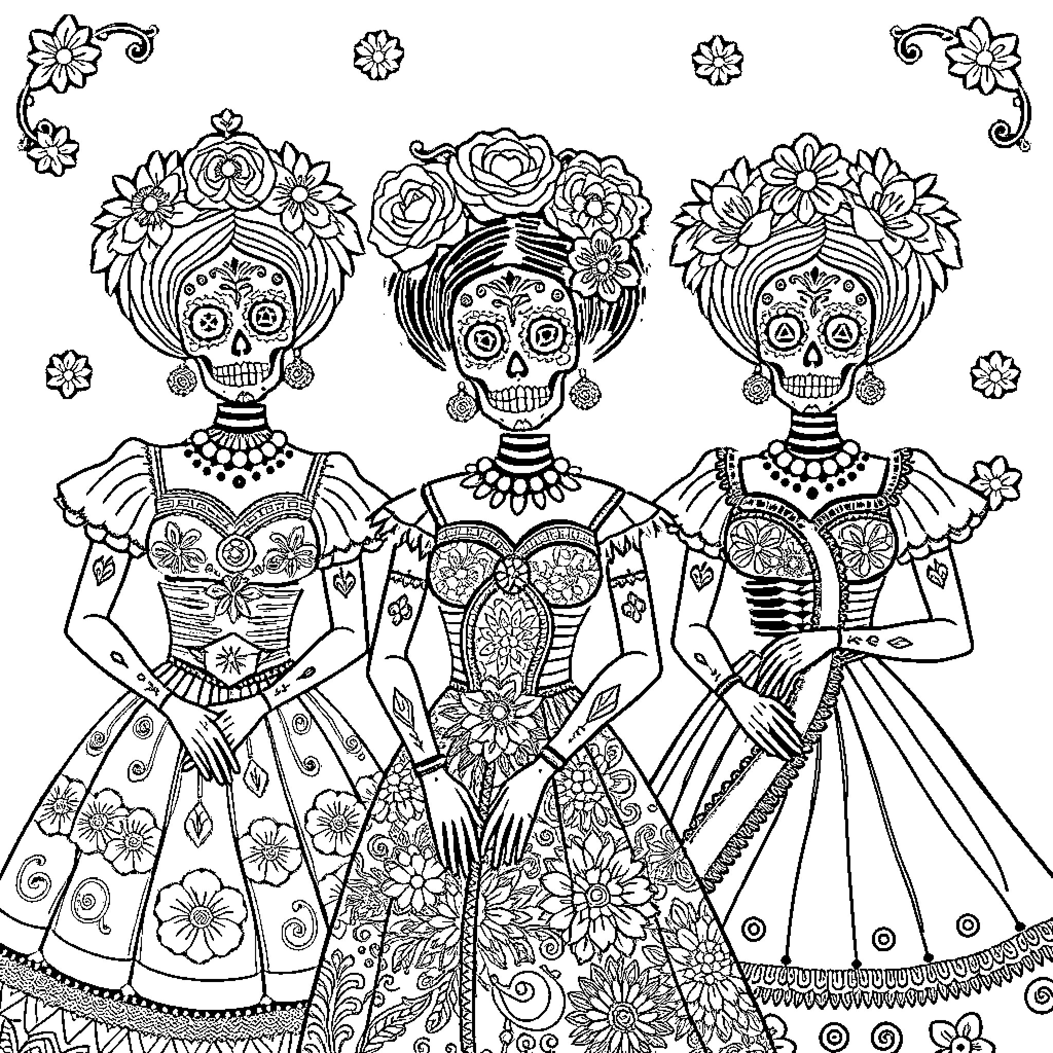 Catrina Dolls Celebrating in Festive Outfits Coloring Page (free black-and-white line drawing printable PDF for all, from beginners to advanced learners, including children, teens, adults, and seniors)