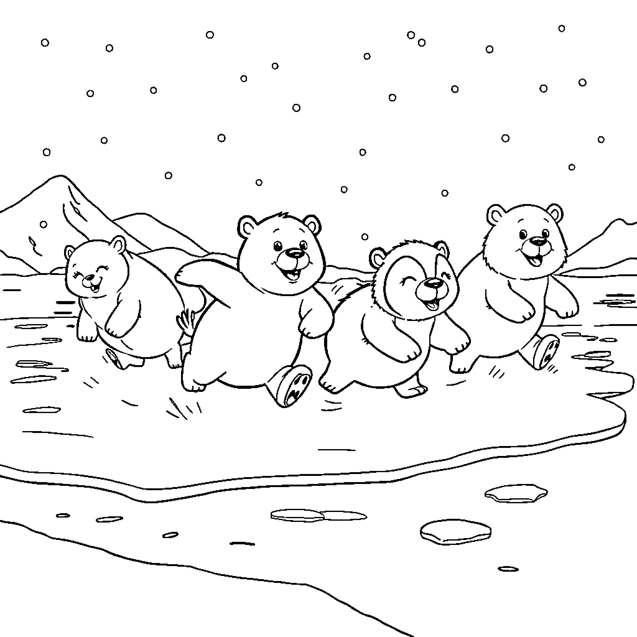 Arctic Animals Frolicking in the Snow Coloring Page (free black-and-white line drawing printable PDF for all, from beginners to advanced learners, including children, teens, adults, and seniors)
