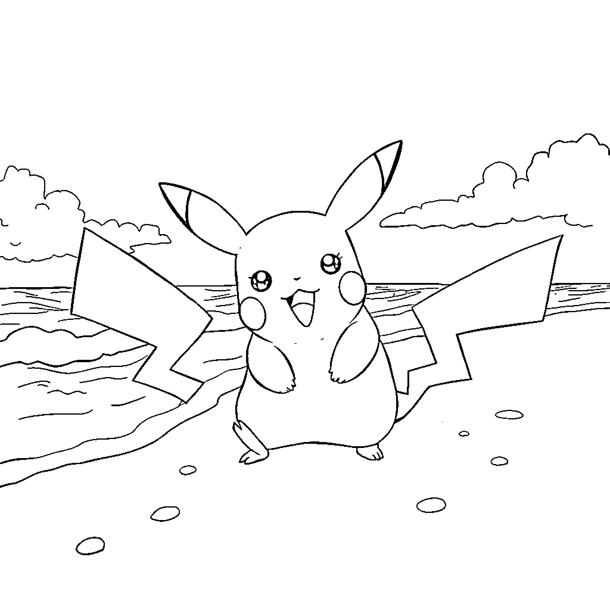Pikachu enjoying the ocean view Coloring Page (free black-and-white line drawing printable PDF for all, from beginners to advanced learners, including children, teens, adults, and seniors)