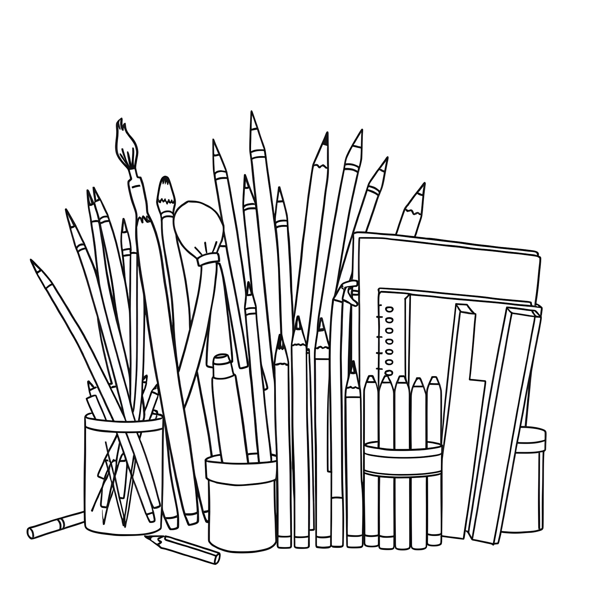Art Supplies Arranged in a Creative Display Coloring Page (free black-and-white line drawing printable PDF for all, from beginners to advanced learners, including children, teens, adults, and seniors)
