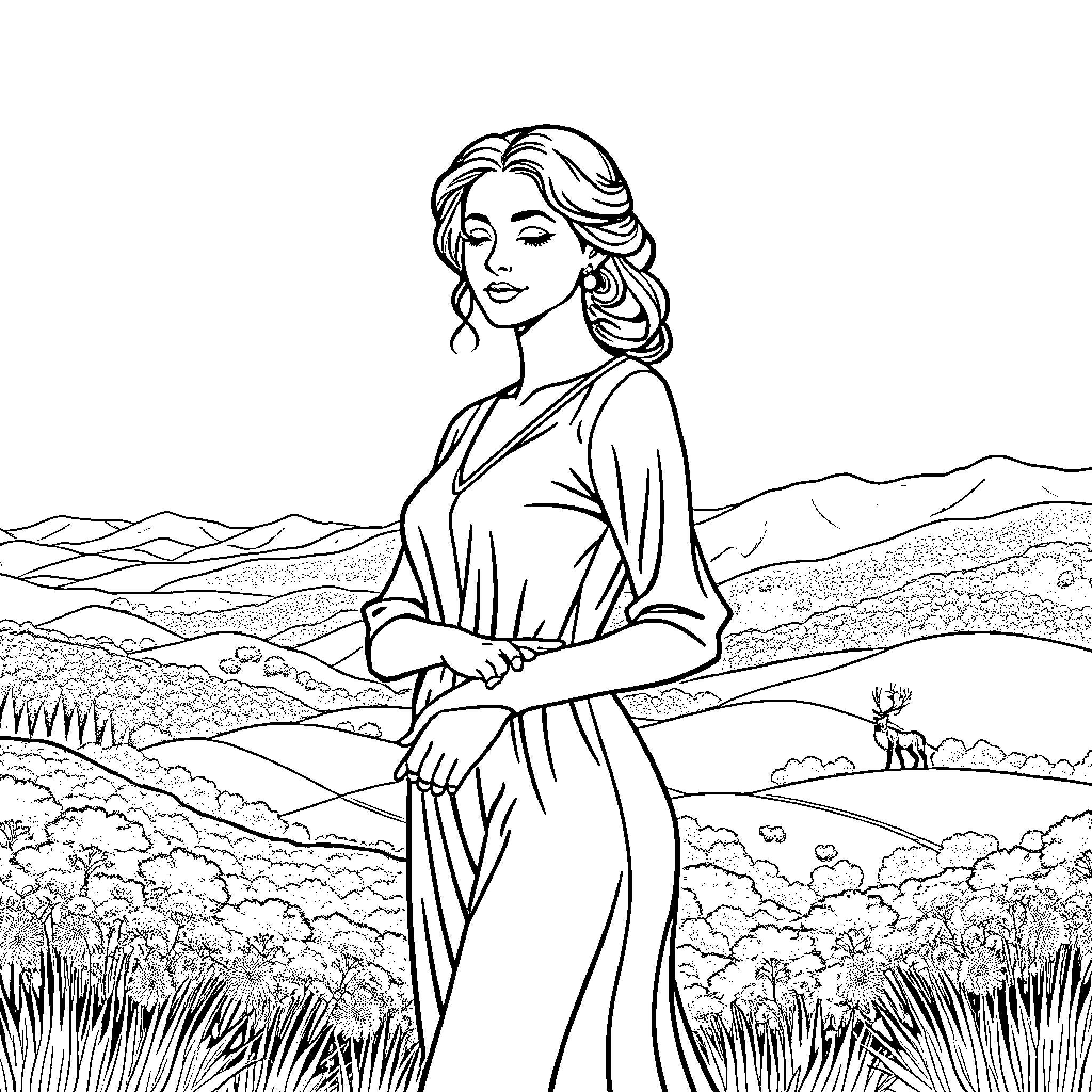Woman in a serene countryside setting Coloring Page (free black-and-white line drawing printable PDF for all, from beginners to advanced learners, including children, teens, adults, and seniors)