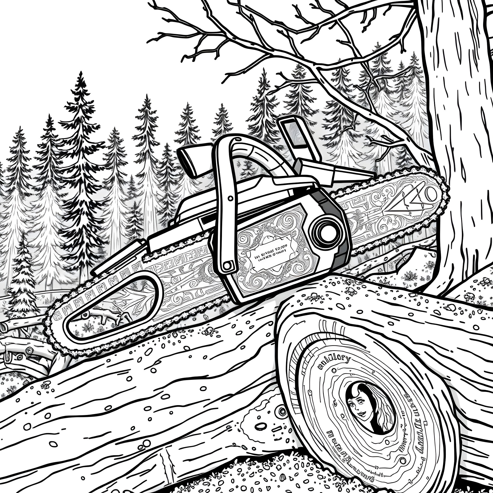 Chain Saw Cutting Through Snowy Forest Coloring Page (free black-and-white line drawing printable PDF for all, from beginners to advanced learners, including children, teens, adults, and seniors)