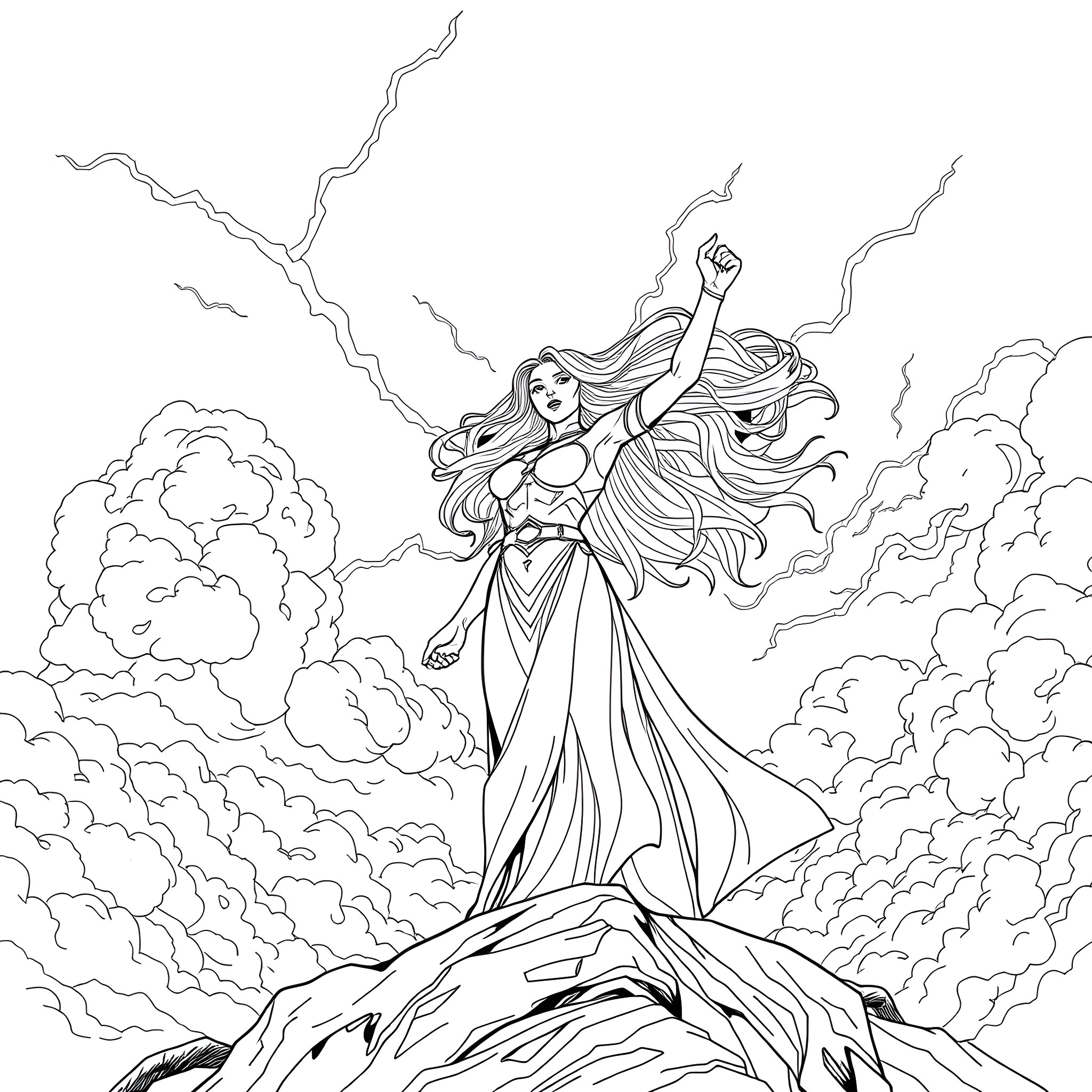 Stormi - Powerful Goddess Commanding the Clouds Coloring Page (free black-and-white line drawing printable PDF for all, from beginners to advanced learners, including children, teens, adults, and seniors)